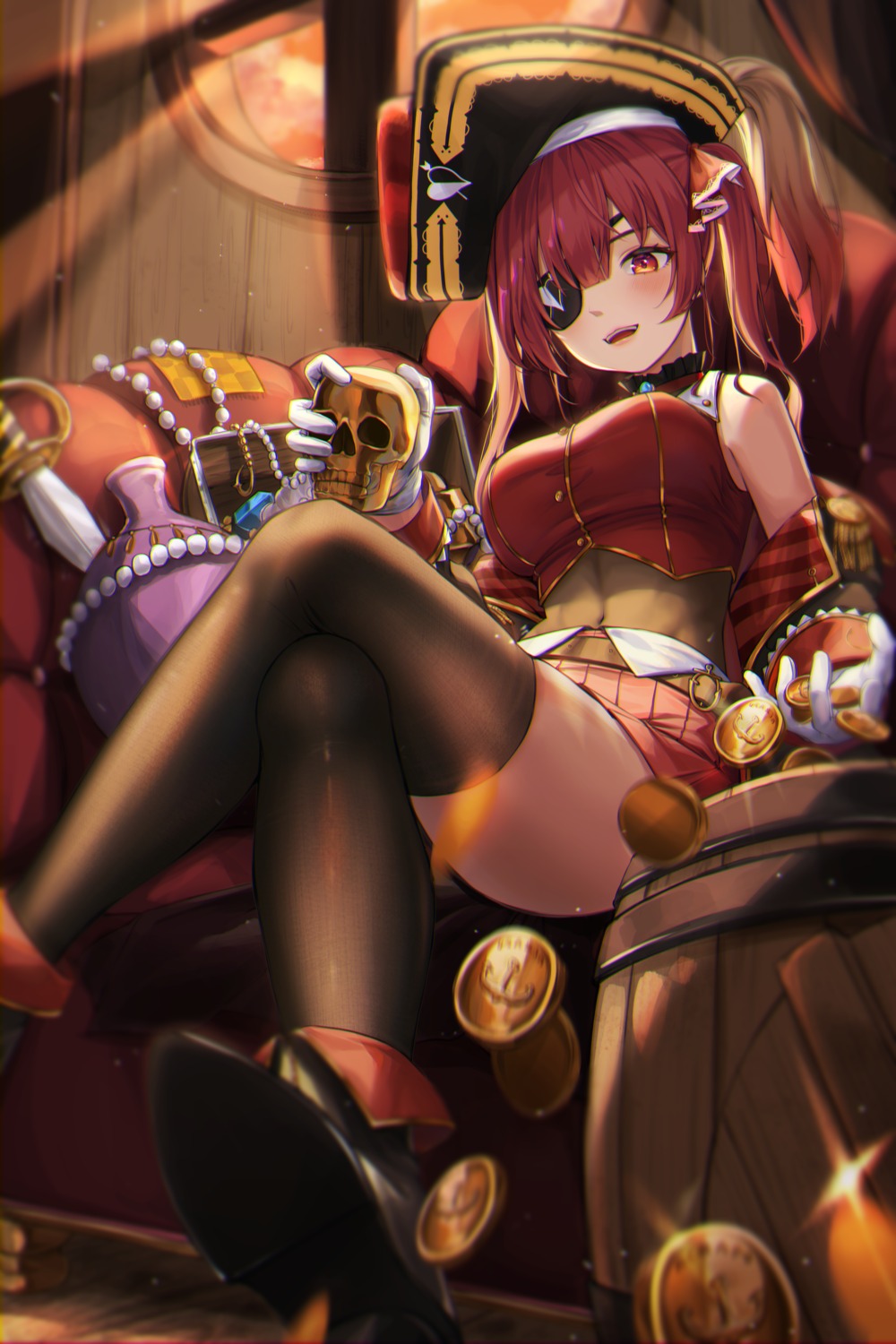 eyepatch hololive houshou_marine kongsi pirate skirt_lift thighhighs