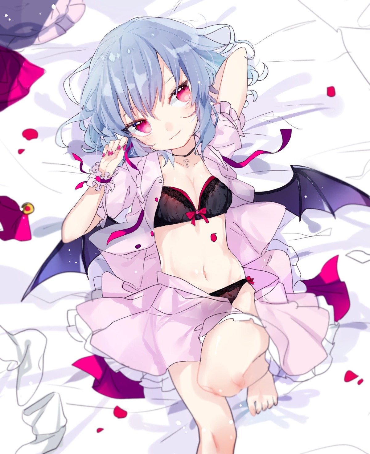 bra cleavage mokyuko open_shirt pantsu remilia_scarlet touhou wings