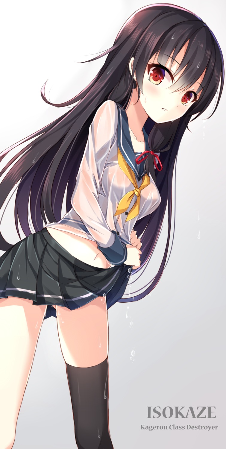 isokaze_(kancolle) kantai_collection rin_yuu see_through seifuku thighhighs wet_clothes