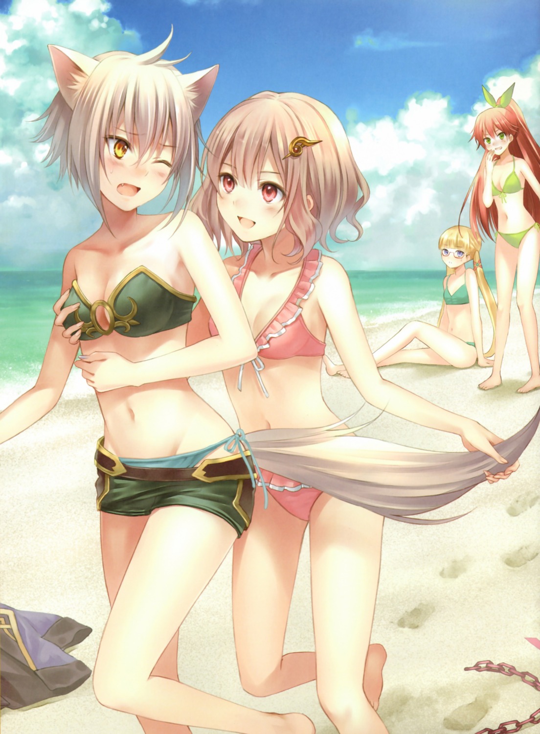 animal_ears bikini breast_grab cleavage fukahire_sanba genkai_tokki_monster_monpiece megane swimsuits tail yuri