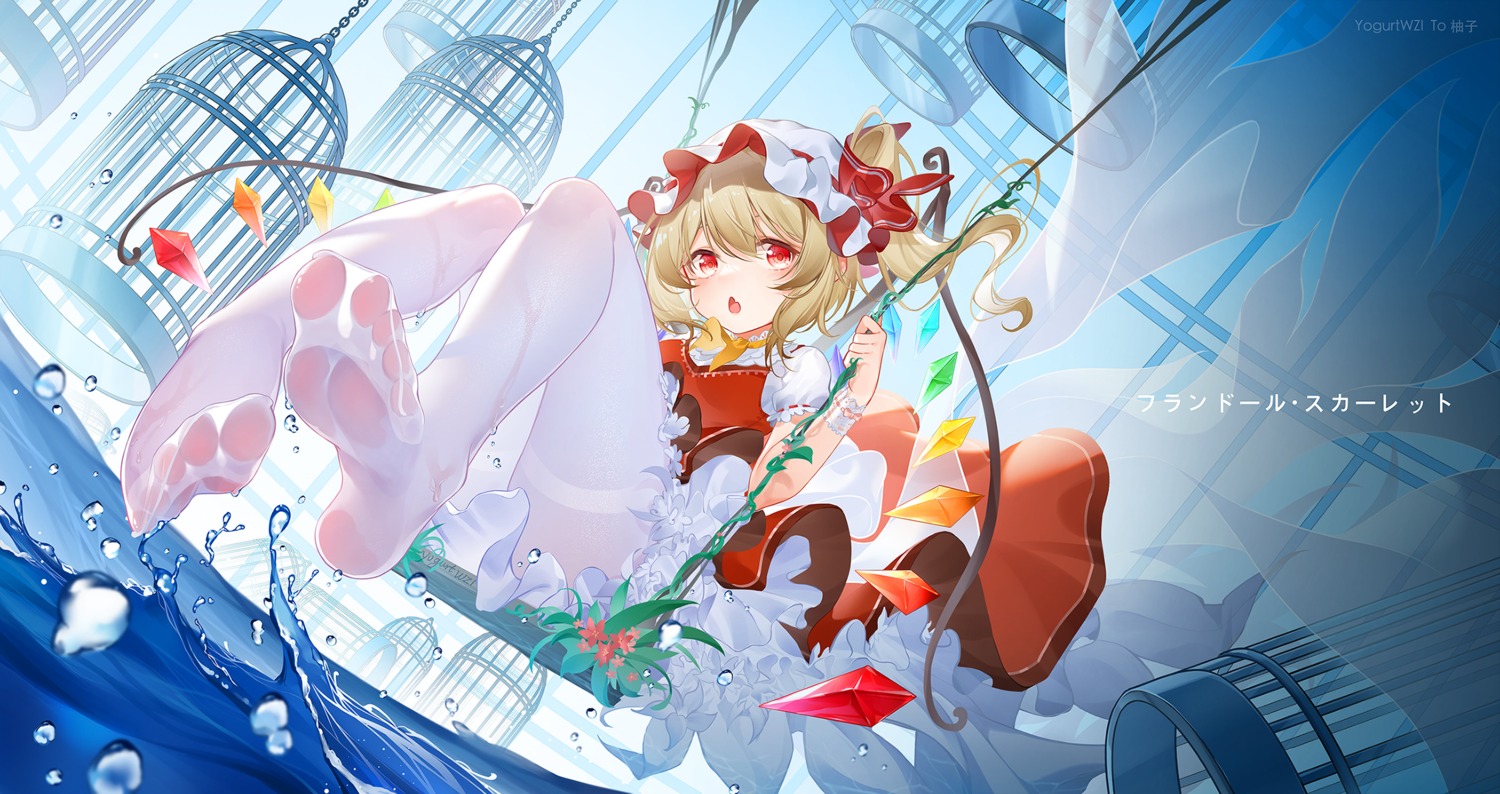 dress feet flandre_scarlet pantyhose see_through skirt_lift suannai_wanzi touhou wet_clothes wings