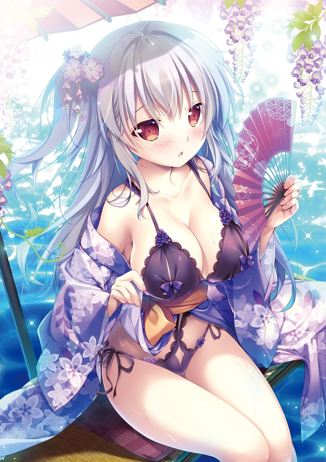 bra cleavage mikeou open_shirt pantsu string_panties wet yukata