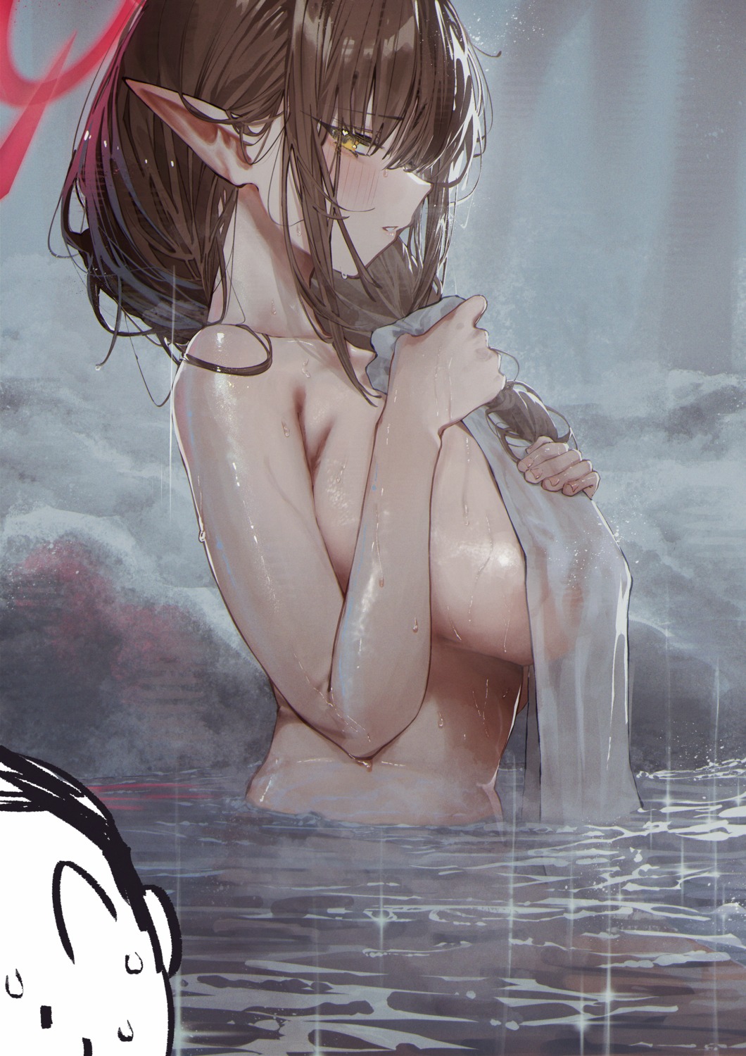 betabeet blue_archive halo hinomiya_chinatsu onsen pointy_ears see_through topless towel wet