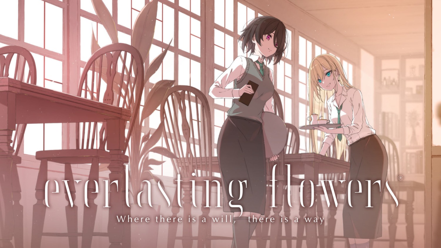 cleavage everlasting_flowers_-_where_there_is_a_will_there_is_a_way sprite suzumori sweater waitress wallpaper