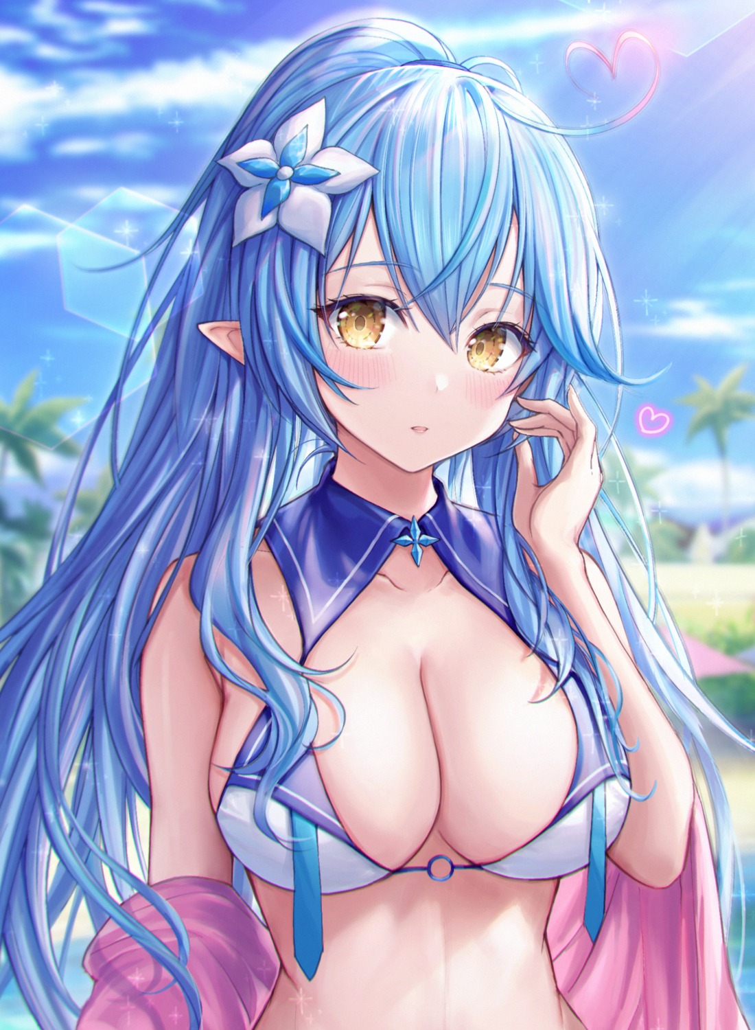 bikini_top elf hololive mirukurim open_shirt pointy_ears swimsuits yukihana_lamy