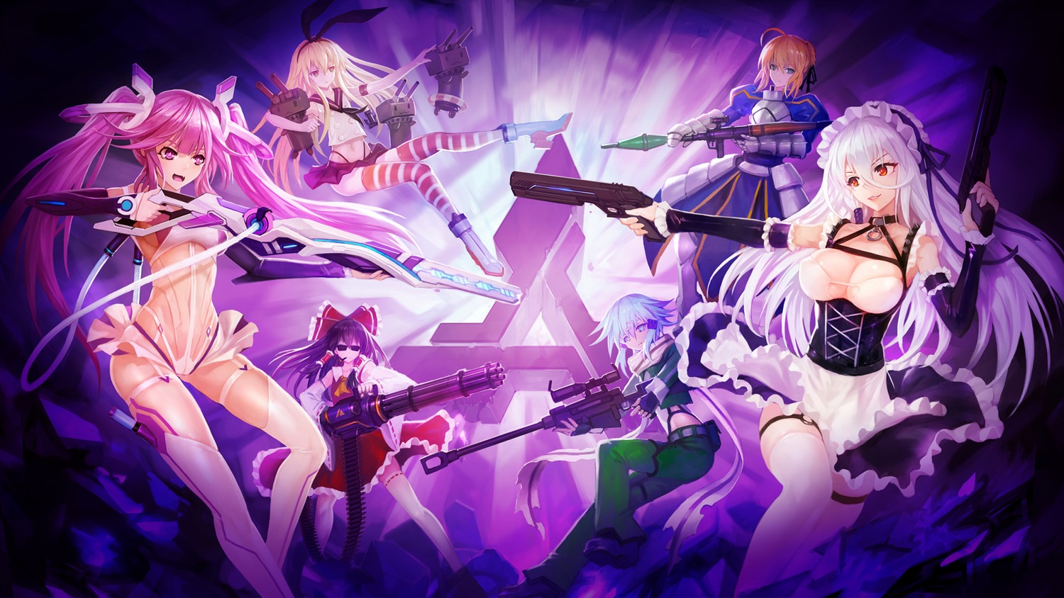 300_heroes armor cleavage crossover dita_(300_heroes) dress fate/stay_night gun hakurei_reimu heels kantai_collection maid megane rensouhou-chan saber shimakaze_(kancolle) sinon smoking sword_art_online thighhighs touhou weapon zhuore_zhi_hen