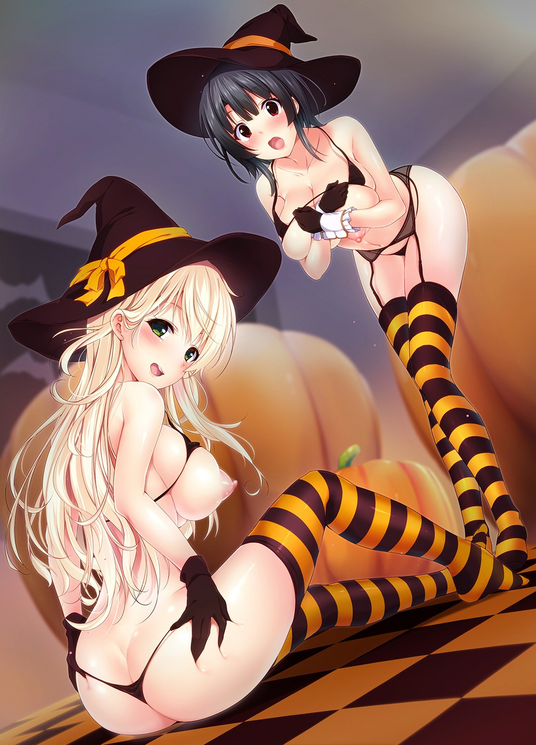 ass ass_grab atago_(kancolle) bikini breast_hold breasts garter_belt halloween kantai_collection nipples niro stockings swimsuits takao_(kancolle) thighhighs thong witch