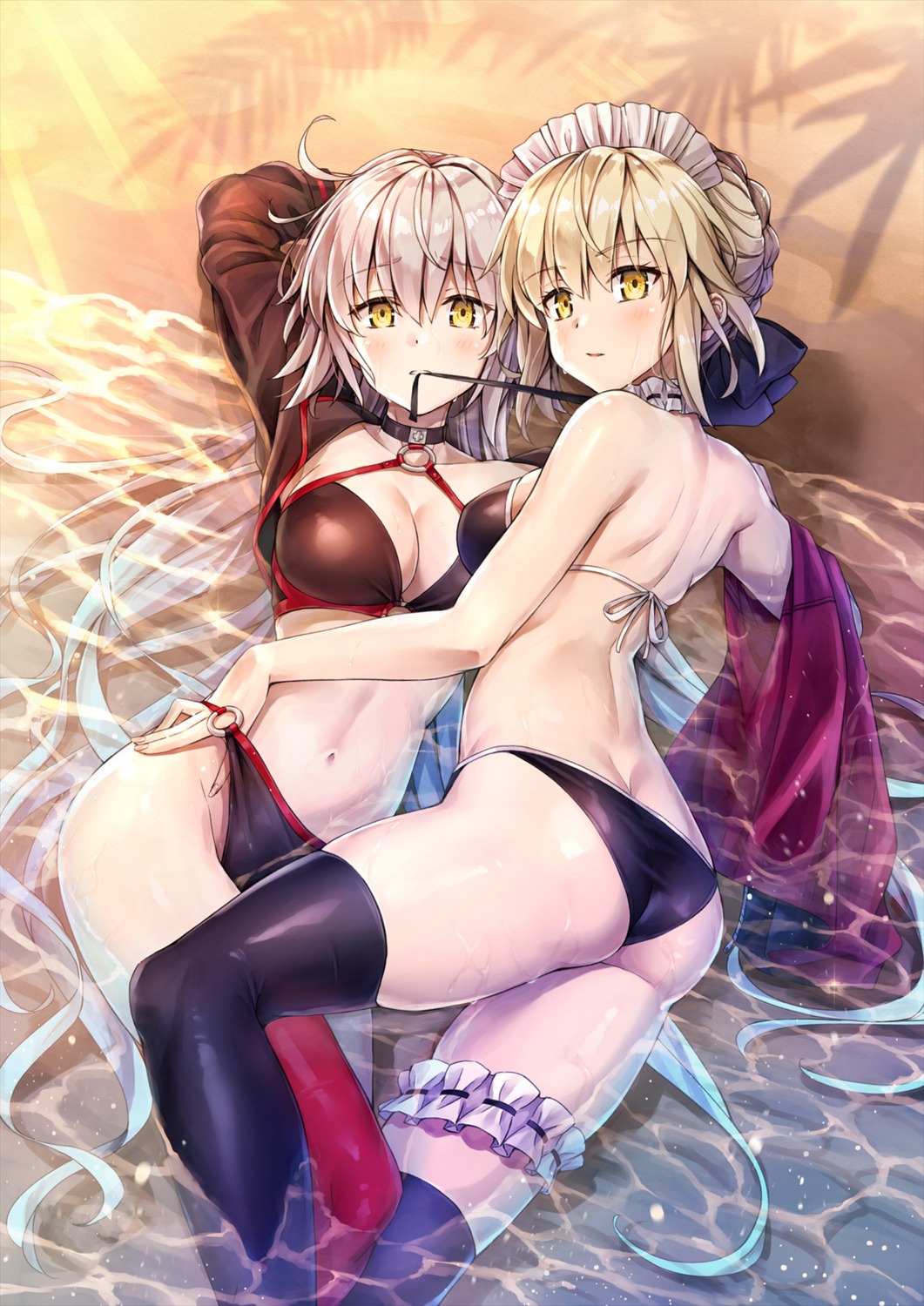 ass bikini cleavage fate/grand_order garter jeanne_d'arc jeanne_d'arc_(alter)_(fate) kotatsu_(kotatsu358) maid open_shirt swimsuits thighhighs thong wet