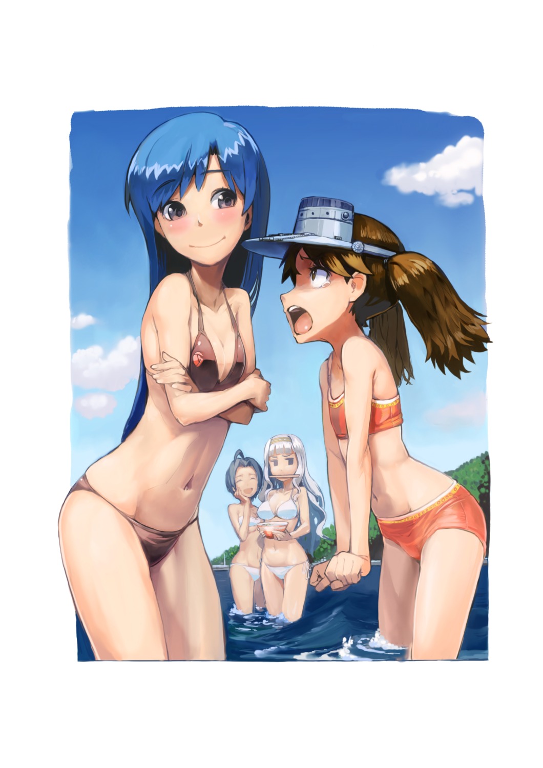 bikini crossover kantai_collection kisaragi_chihaya kousaku miura_azusa ryuujou_(kancolle) shijou_takane swimsuits the_idolm@ster