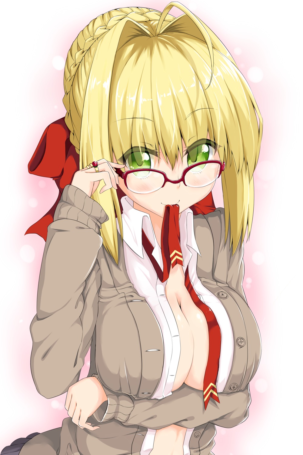 borumete breast_hold cleavage dress_shirt fate/extra fate/grand_order fate/stay_night megane open_shirt saber_extra