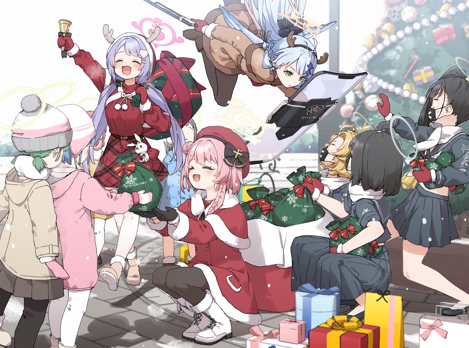 angel aomori_mine asagao_hanae blue_archive christmas dress gun halo horns kusaka_shi pantyhose seifuku sumi_serina wings