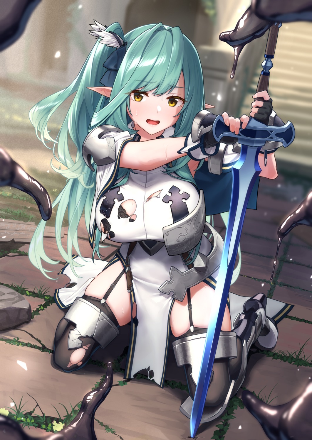 armor baffu bra garter pointy_ears stockings sword tentacles thighhighs torn_clothes