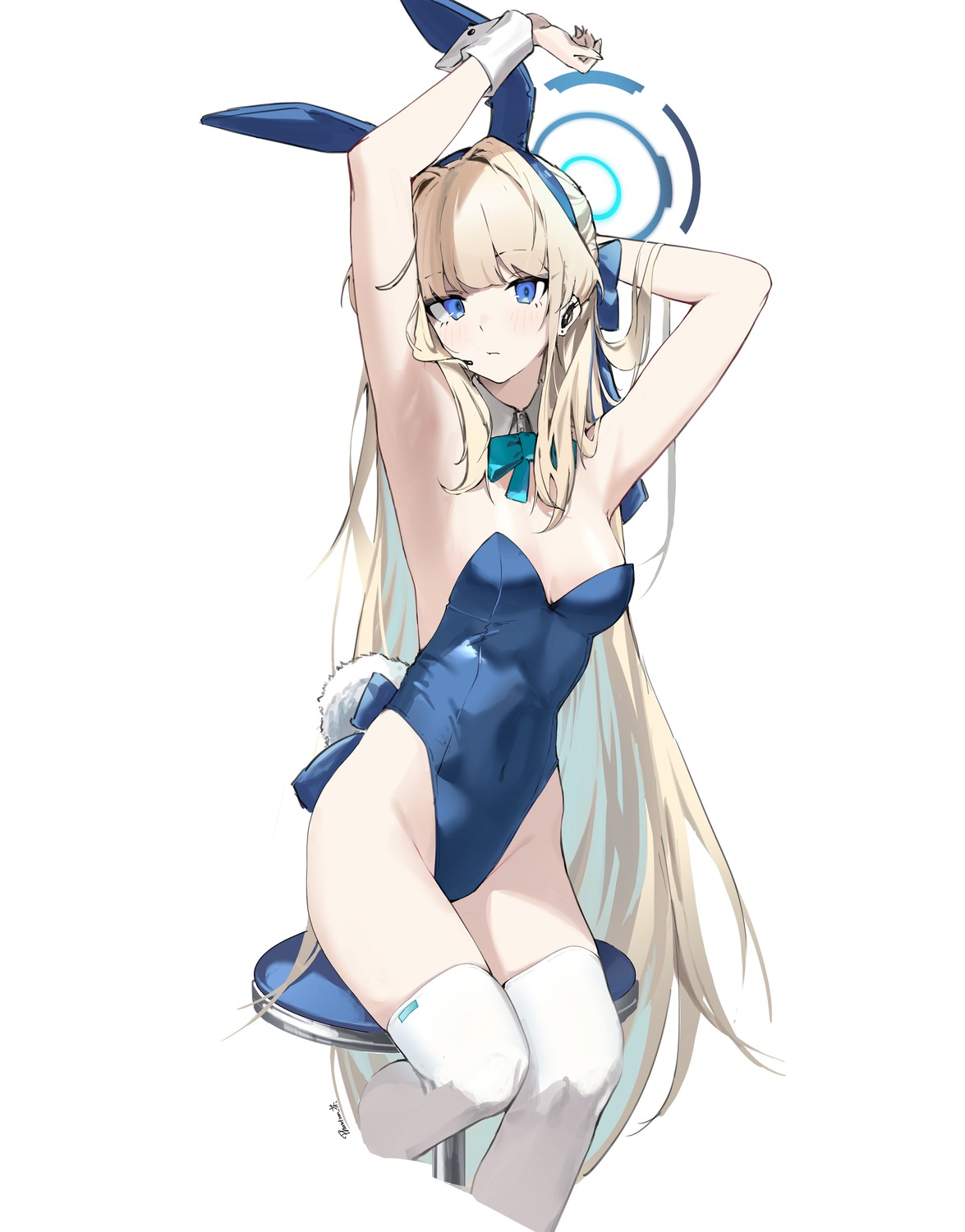 animal_ears asuma_toki blue_archive bunny_ears bunny_girl halo mark_jin no_bra tail thighhighs