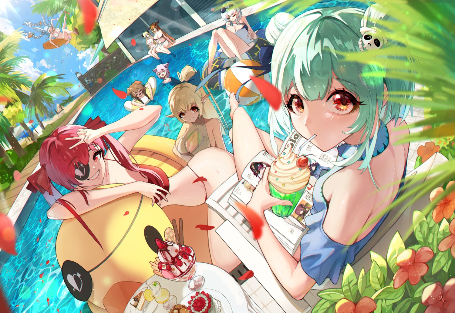 animal_ears bikini elf eyepatch hololive hololive_gamers horns houshou_marine inugami_korone inumimi josal kiryuu_coco megane nekomata_okayu nekomimi pointy_ears shiranui_flare shirogane_noel swimsuits tsunomaki_watame uruha_rushia usada_pekora wet