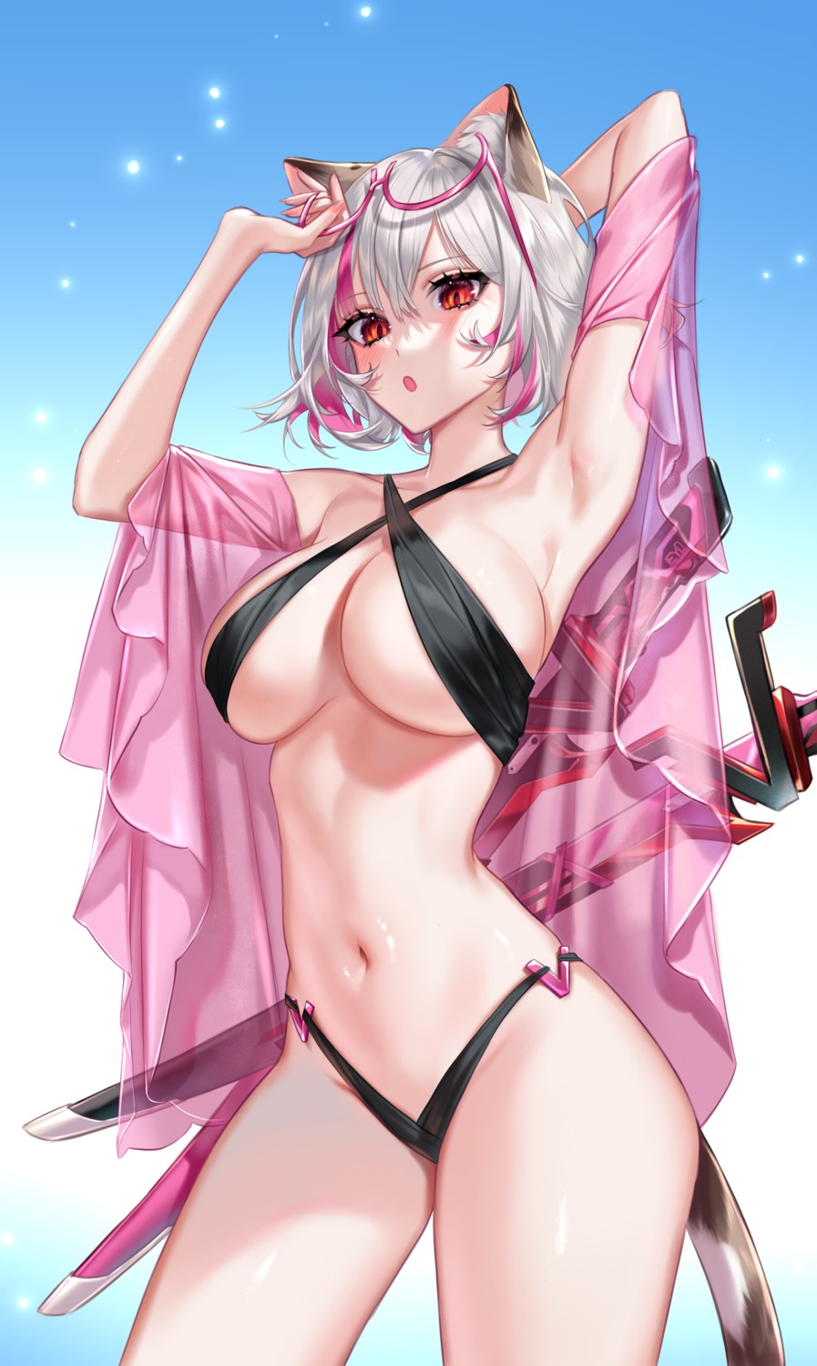 animal_ears bikini megane nekomimi open_shirt ringeko-chan see_through swimsuits sword tail