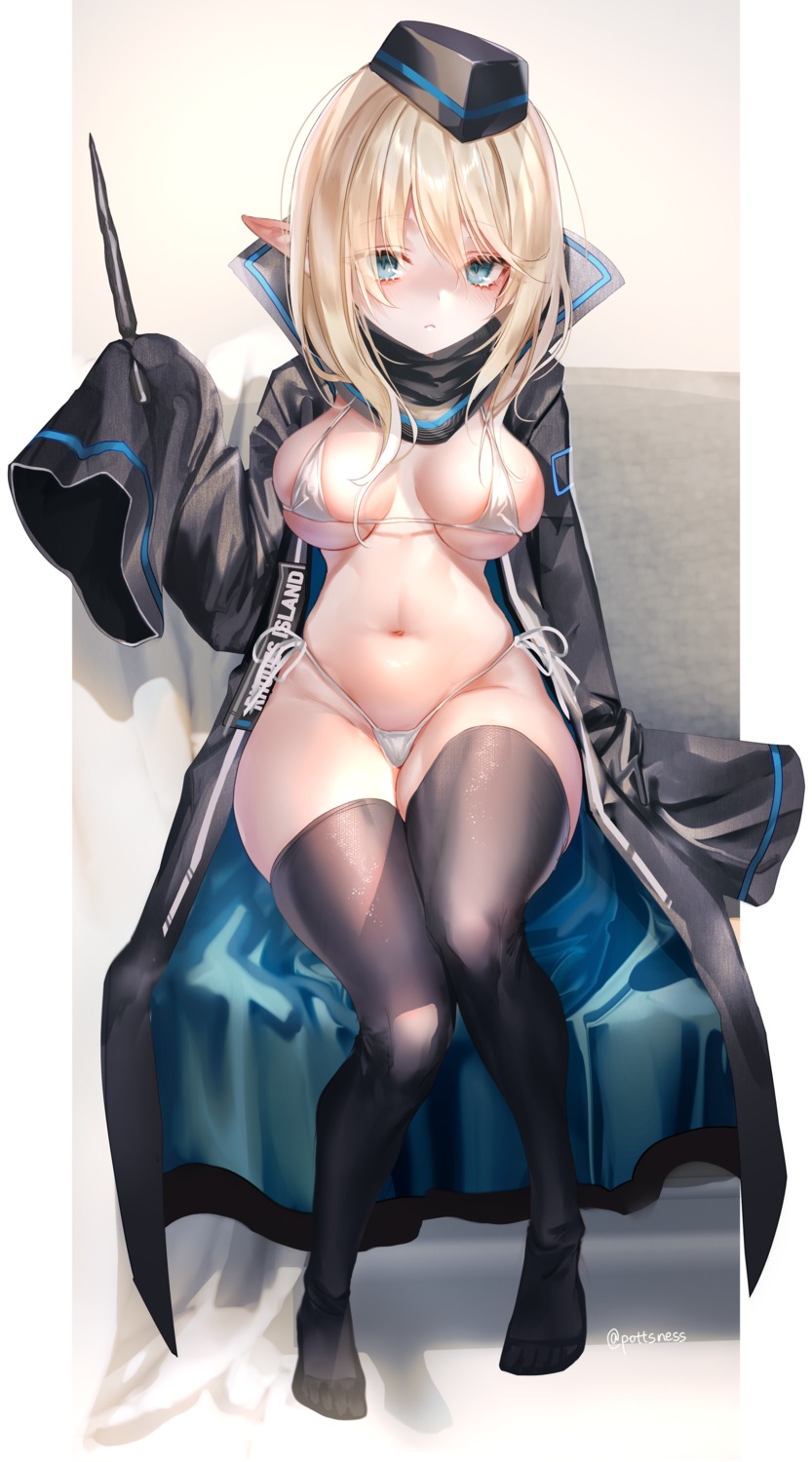 arknights bikini durin_(arknights) pointy_ears pottsness swimsuits thighhighs