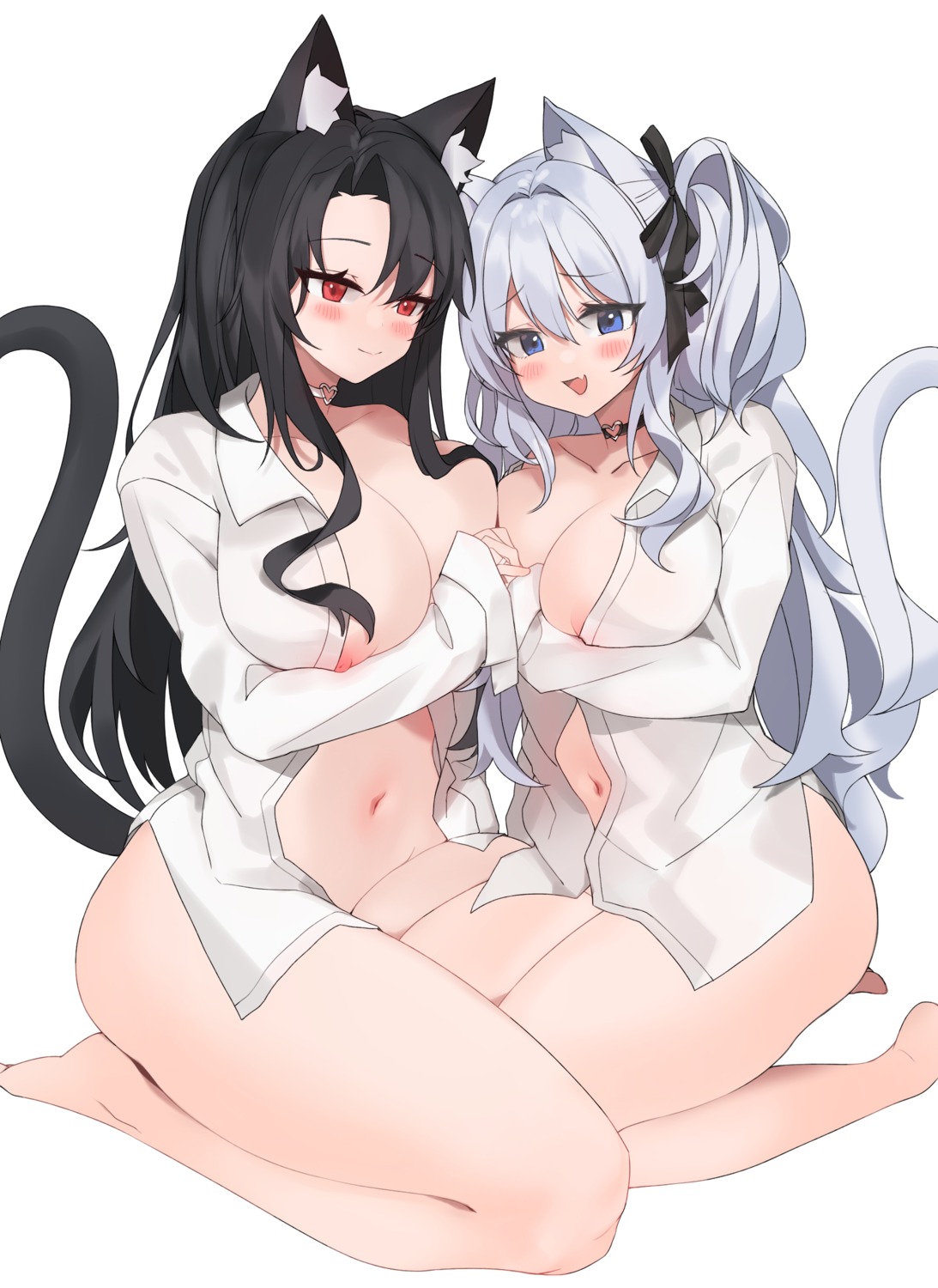 animal_ears areola bottomless breasts coqua dress_shirt nekomimi nipples no_bra open_shirt tail