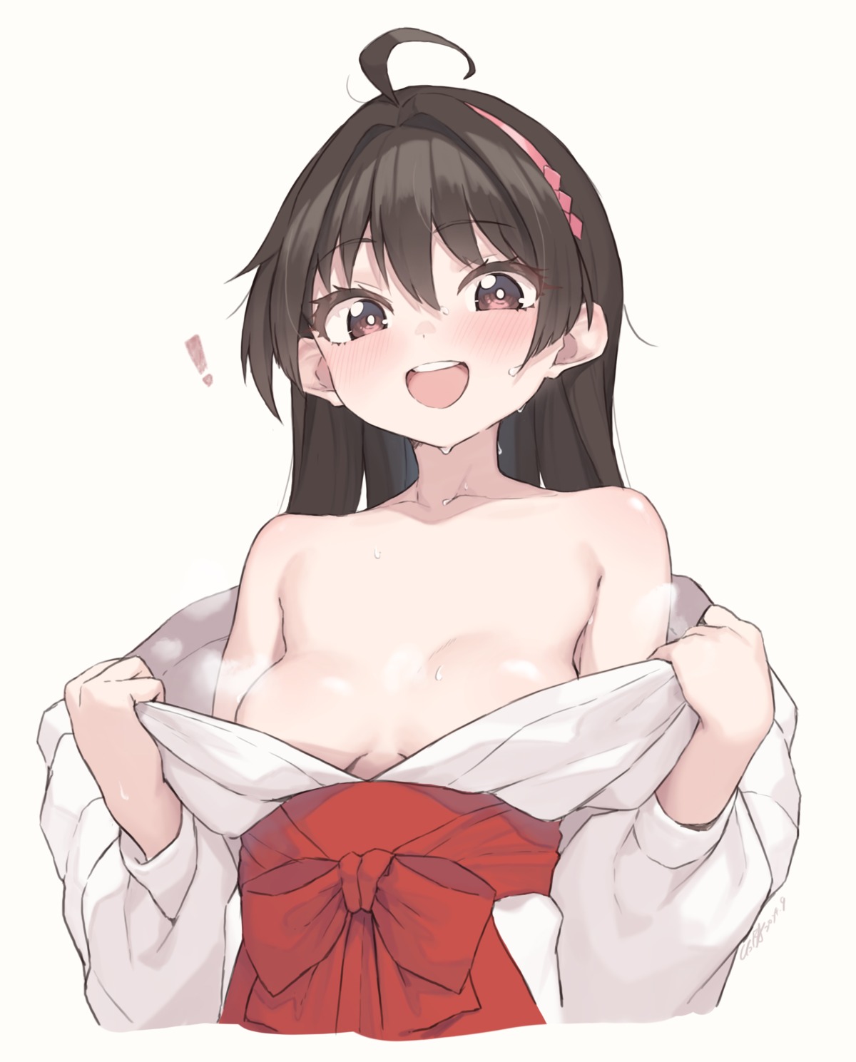 cloba loli miko no_bra open_shirt undressing wet