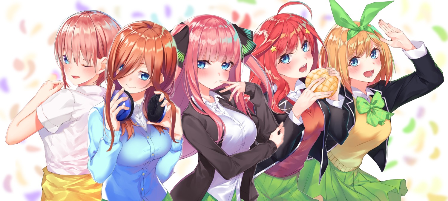 5-toubun_no_hanayome hachiroku_(hatirokusann86) headphones nakano_ichika nakano_itsuki nakano_miku nakano_nino nakano_yotsuba seifuku sweater