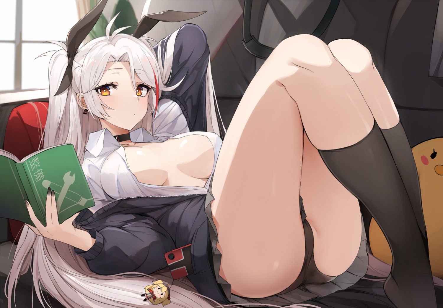 azur_lane mengda no_bra open_shirt pantsu prinz_eugen_(azur_lane) seifuku skirt_lift sweater