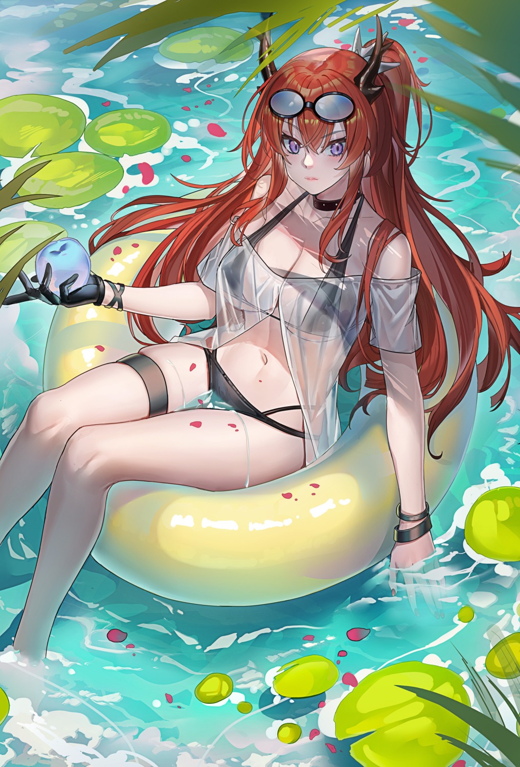 arknights bikini echj garter horns megane see_through surtr_(arknights) swimsuits wet