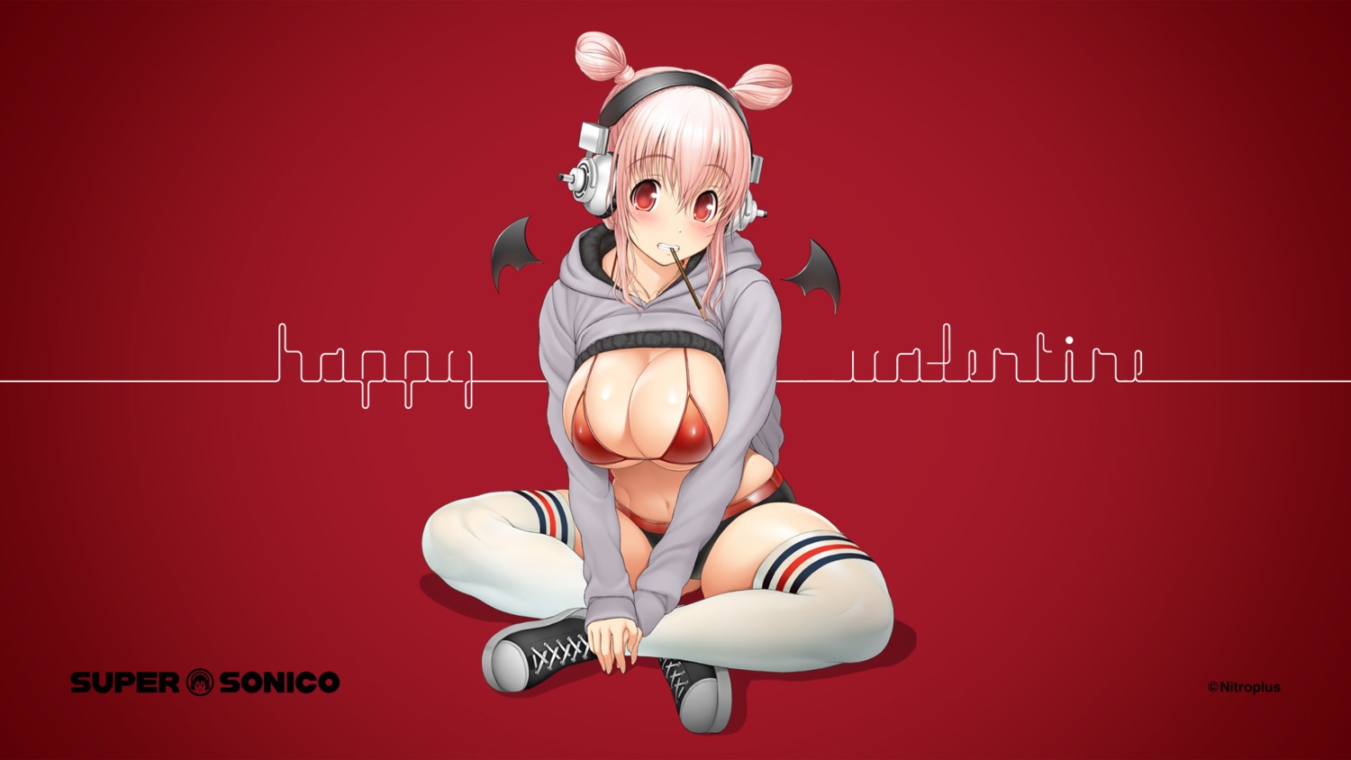 bikini cleavage headphones nitroplus shirt_lift sonico super_sonico swimsuits thighhighs tsuji_santa underboob valentine wallpaper wings