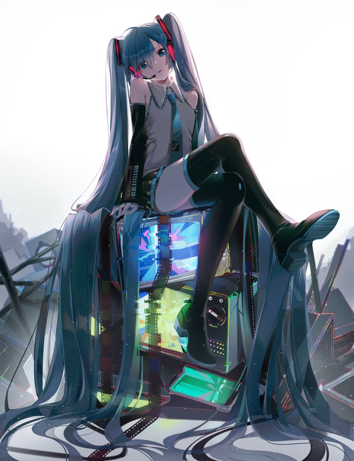 buri_(retty9349) hatsune_miku headphones skirt_lift thighhighs vocaloid