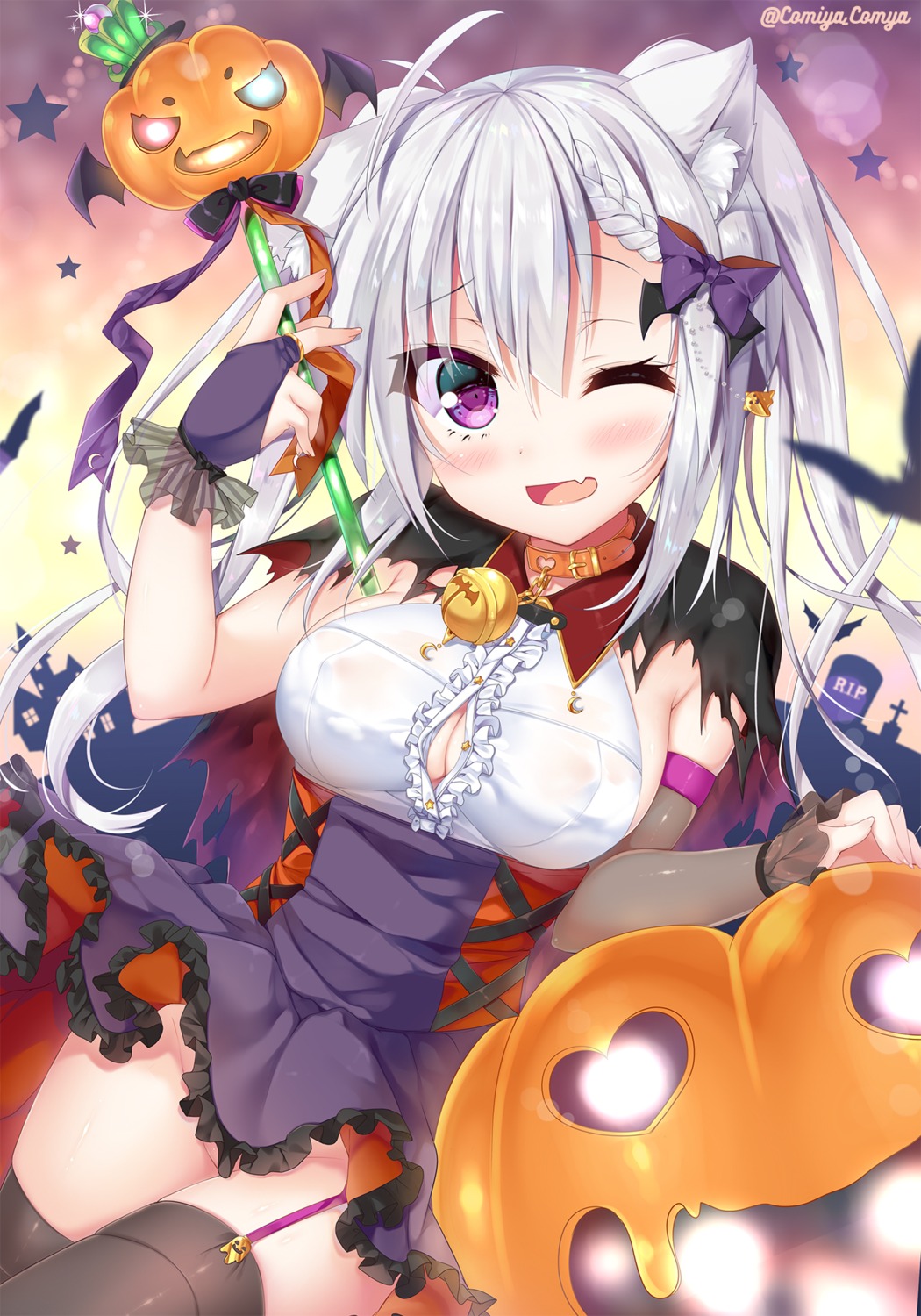 animal_ears cleavage halloween komiya_hitoma nekomimi nopan stockings thighhighs