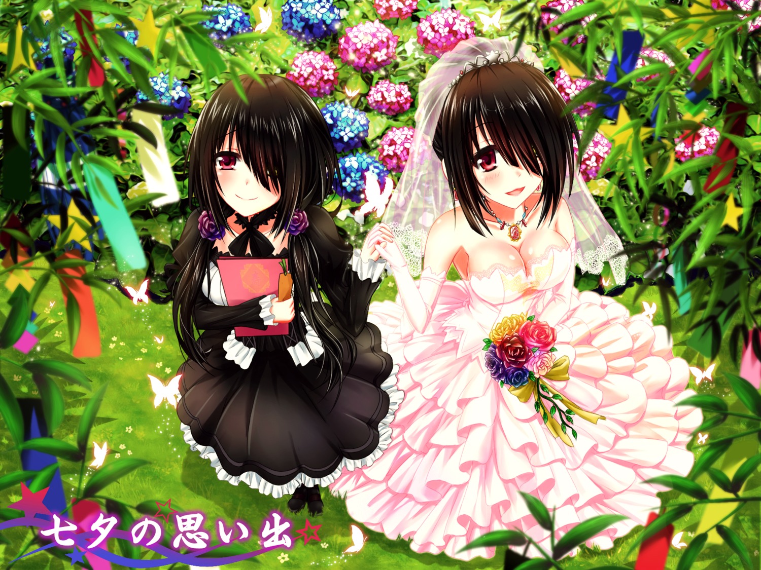 cleavage date_a_live dress gothic_lolita heterochromia lolita_fashion no_bra tokisaki_kurumi tsubasaki wedding_dress