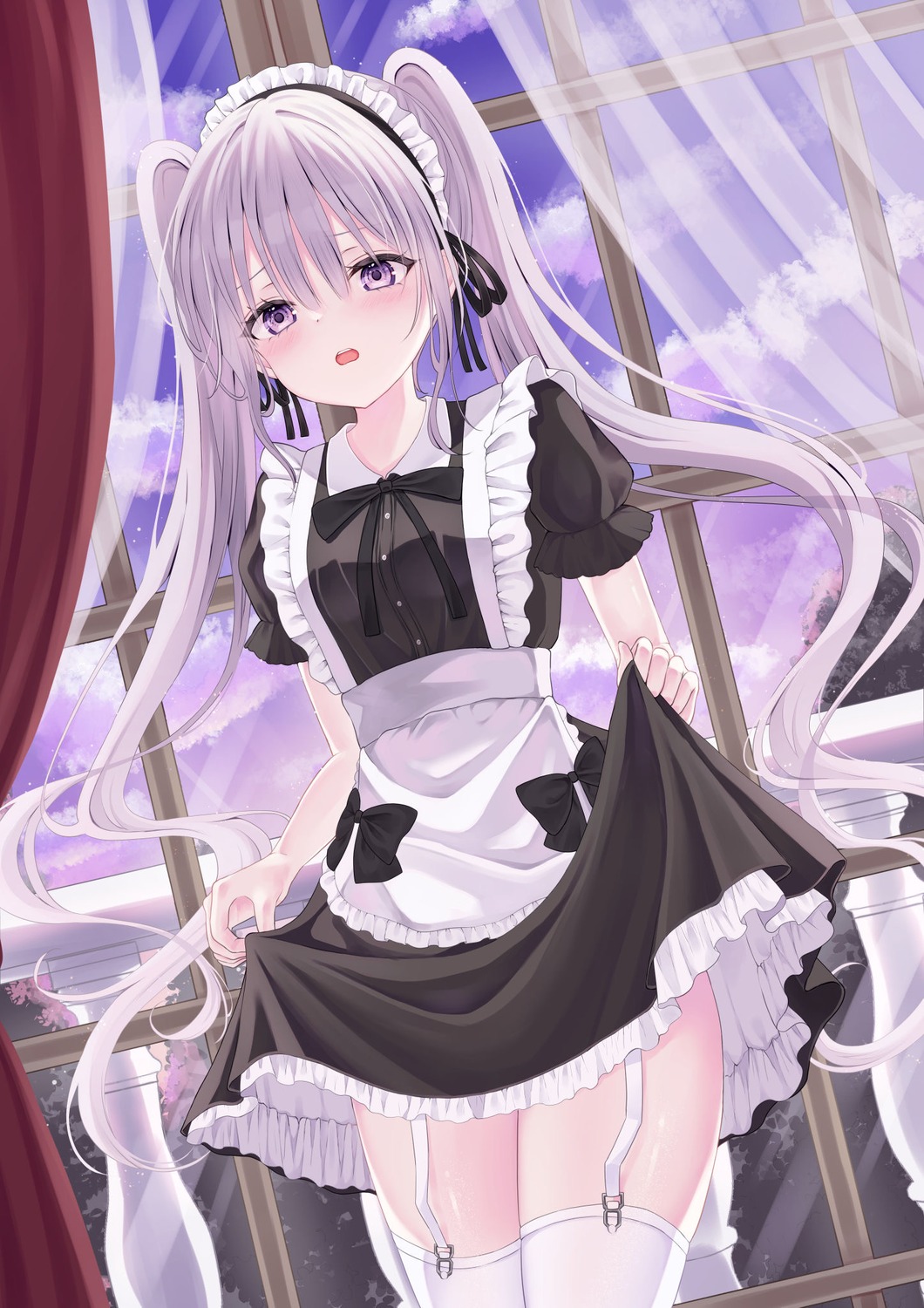 maid murur_(matsumikoru) skirt_lift stockings thighhighs