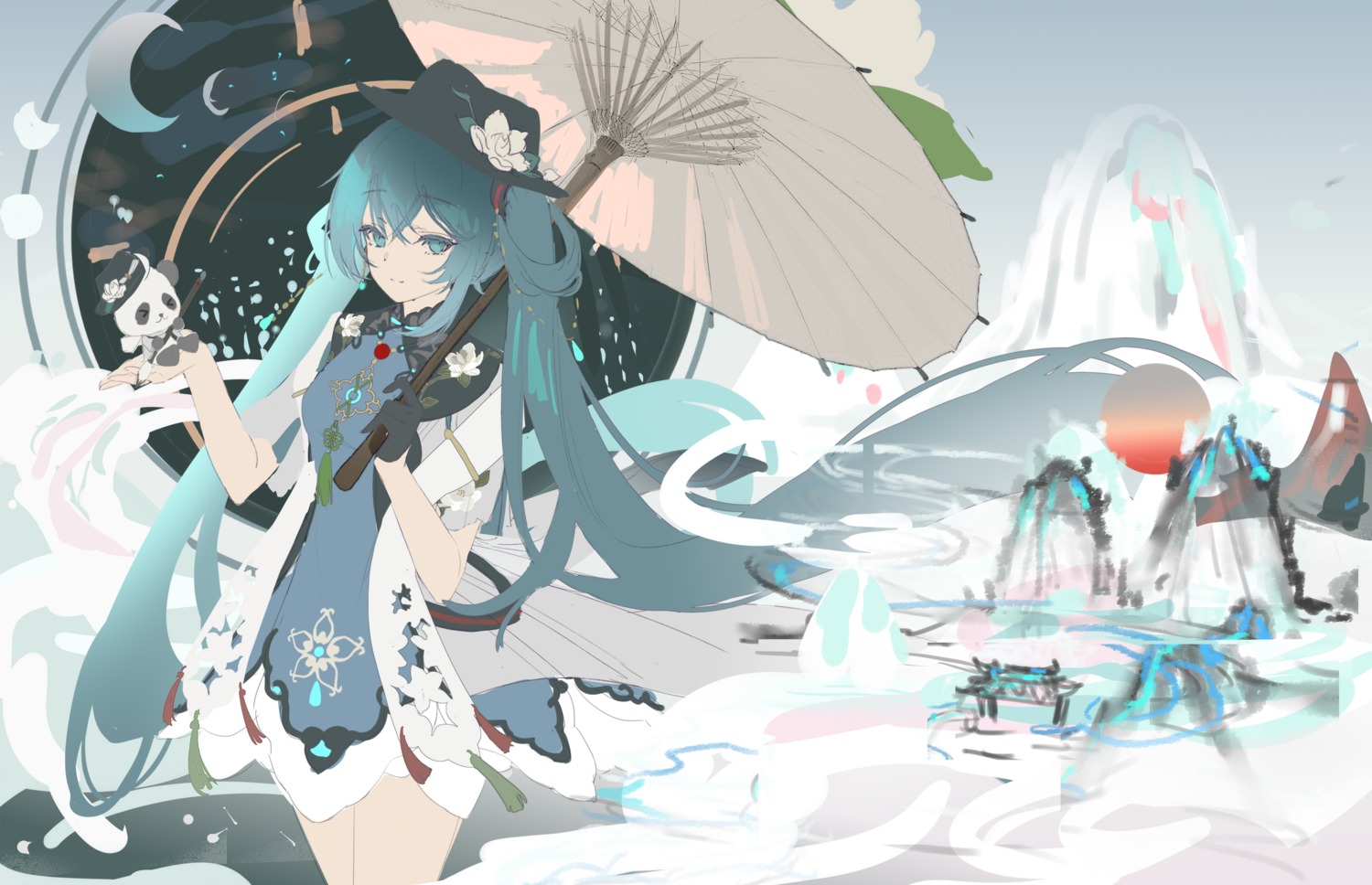 asian_clothes hatsune_miku hatsune_miku_with_you sketch umbrella vocaloid wenbugu