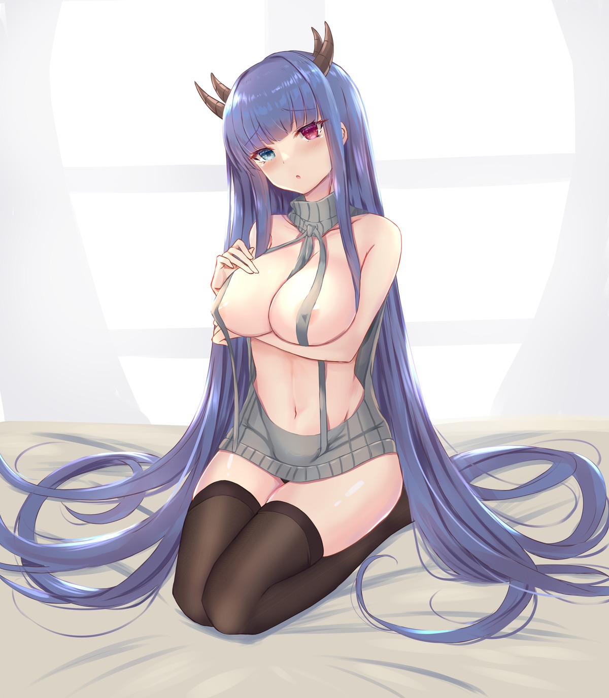 areola azur_lane habu_rin heterochromia horns ibuki_(azur_lane) no_bra pantsu sweater thighhighs