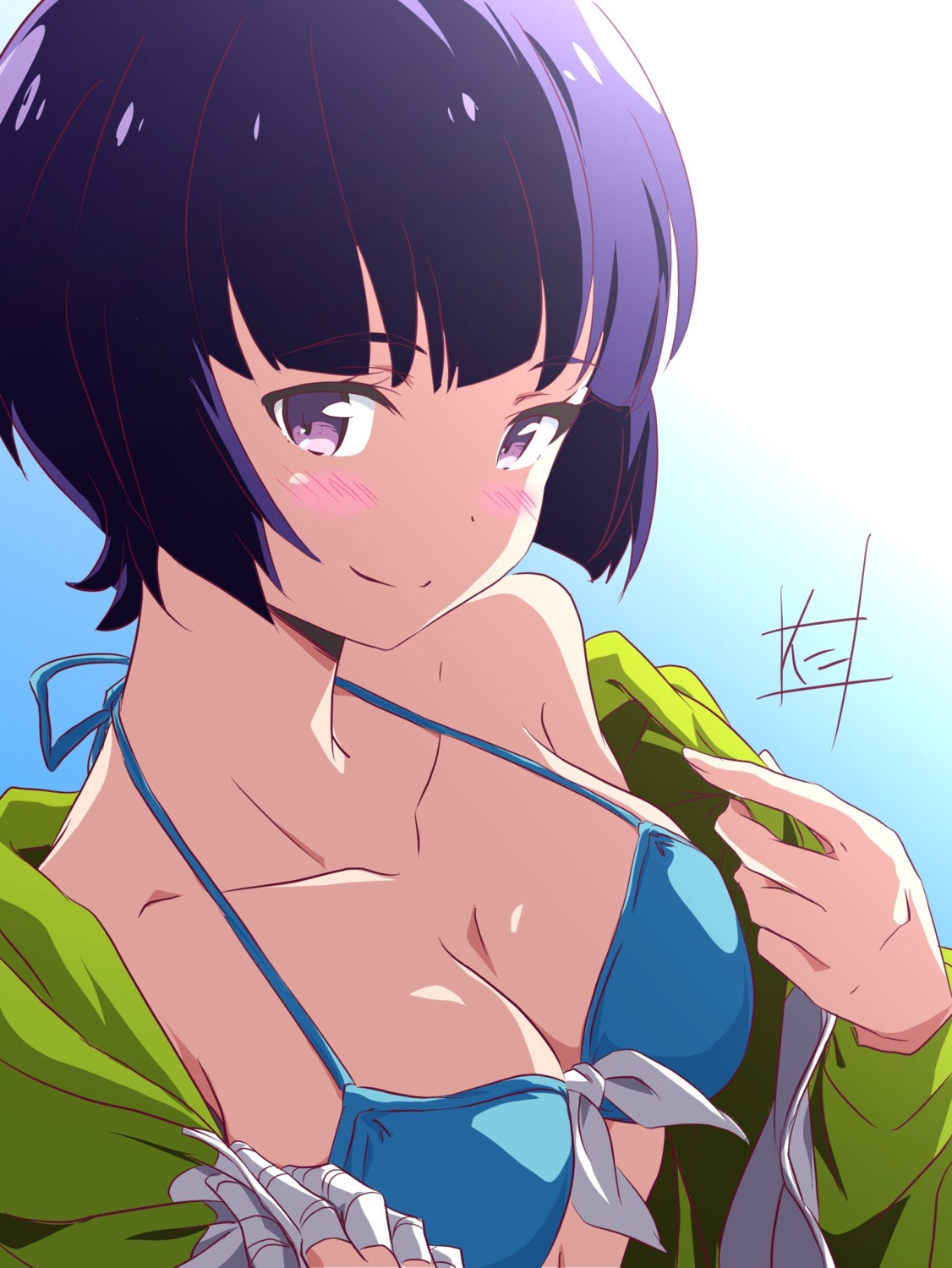 bandages bikini_top cleavage eromanga-sensei nii_manabu open_shirt senju_muramasa sweater swimsuits undressing