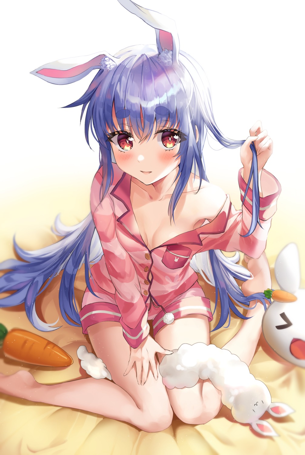 animal_ears bunny_ears hololive kanneru no_bra open_shirt pajama usada_pekora