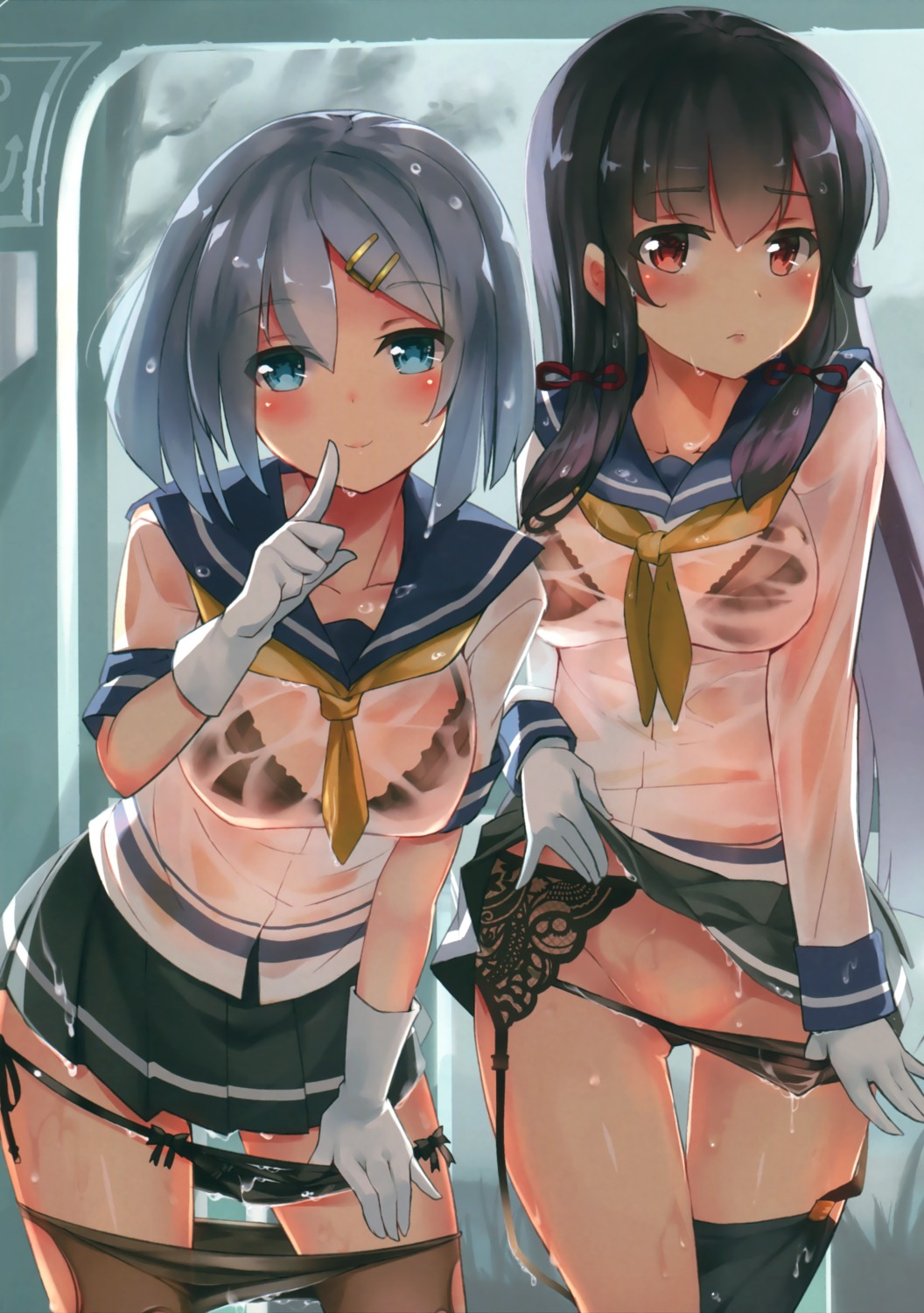 bra garter_belt hamakaze_(kancolle) isokaze_(kancolle) kantai_collection monoto pantsu panty_pull pantyhose see_through seifuku skirt_lift stockings string_panties thighhighs undressing uramonoya wet_clothes