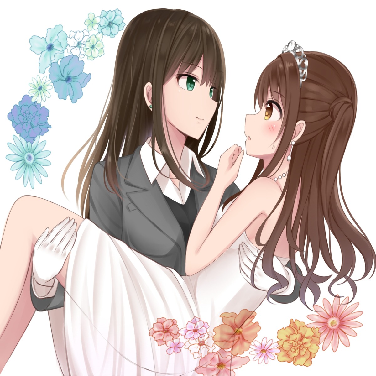 dress mizukoshi_(marumi) no_bra see_through shibuya_rin shimamura_uzuki the_idolm@ster the_idolm@ster_cinderella_girls wedding_dress yuri