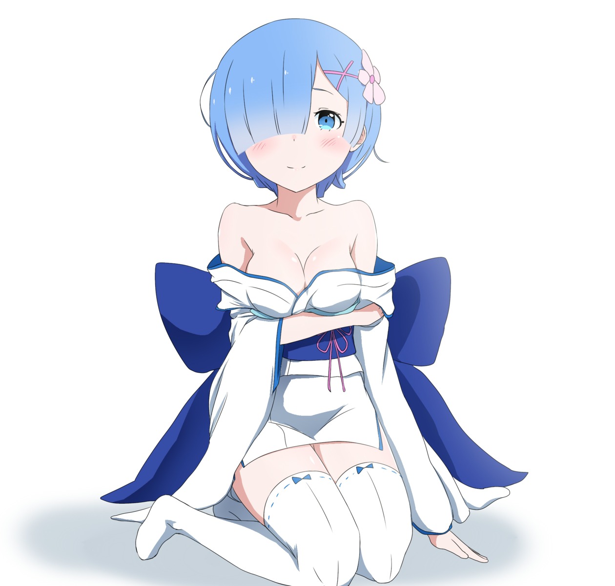 breast_hold cosplay kawakun open_shirt re_zero_kara_hajimeru_isekai_seikatsu rem_(re_zero) yukata