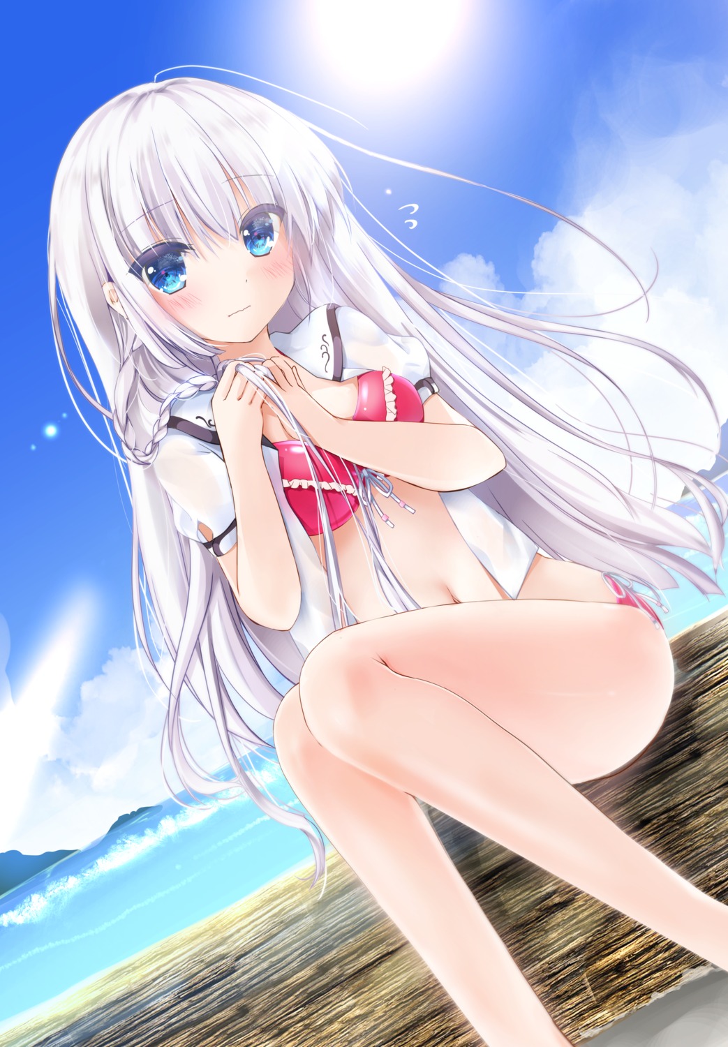 asahina_yori bikini naruse_shiroha open_shirt seifuku summer_pockets swimsuits