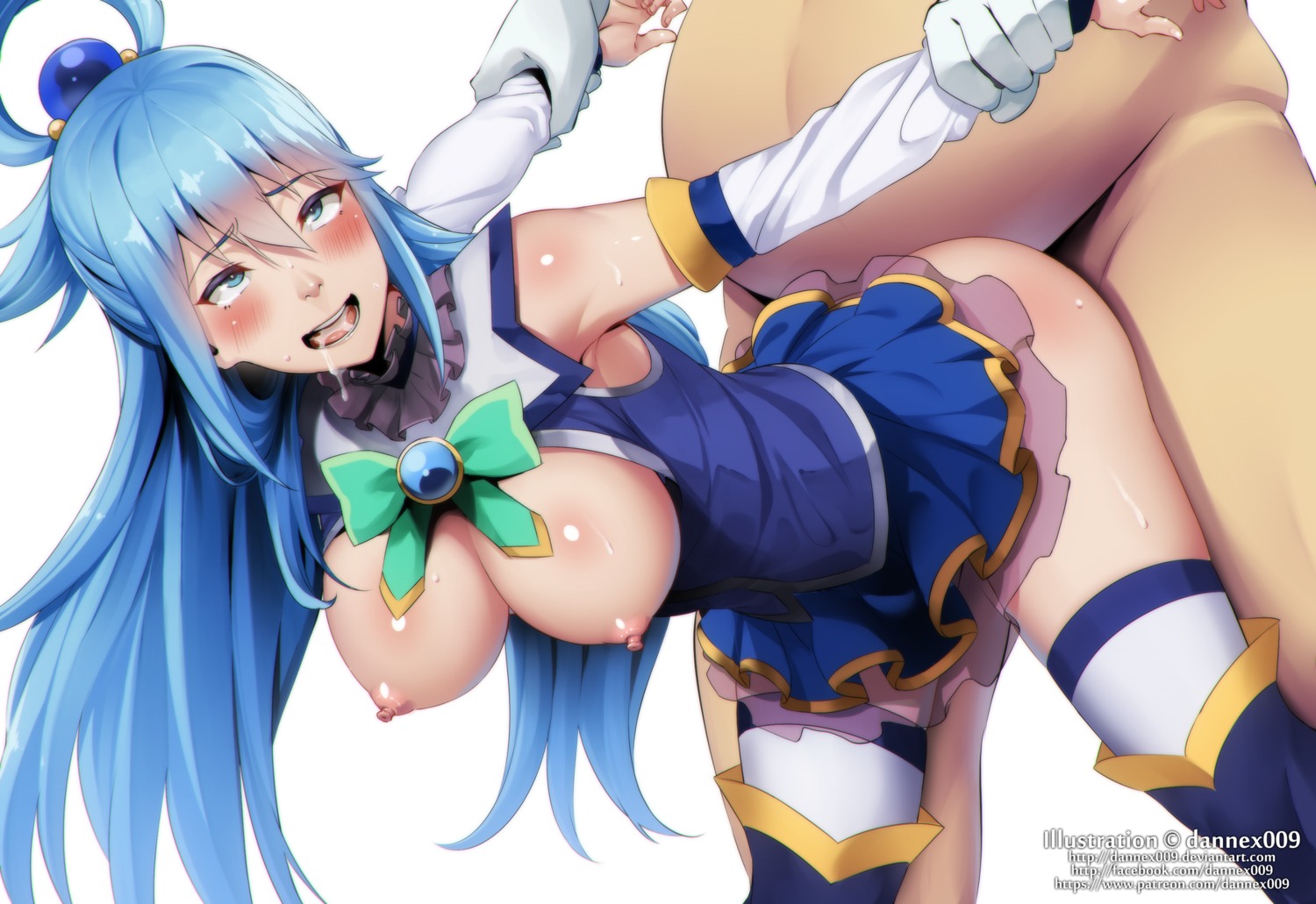 aqua_(konosuba) breasts dannex009 kono_subarashii_sekai_ni_shukufuku_wo! nipples no_bra nopan open_shirt see_through sex skirt_lift thighhighs