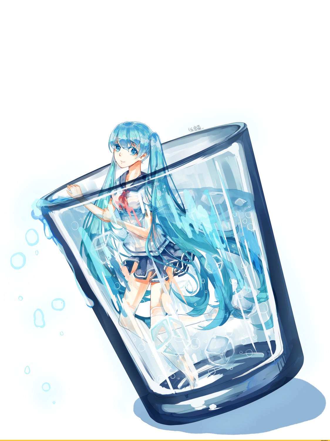 hatsune_miku see_through seifuku thighhighs vocaloid wet wet_clothes