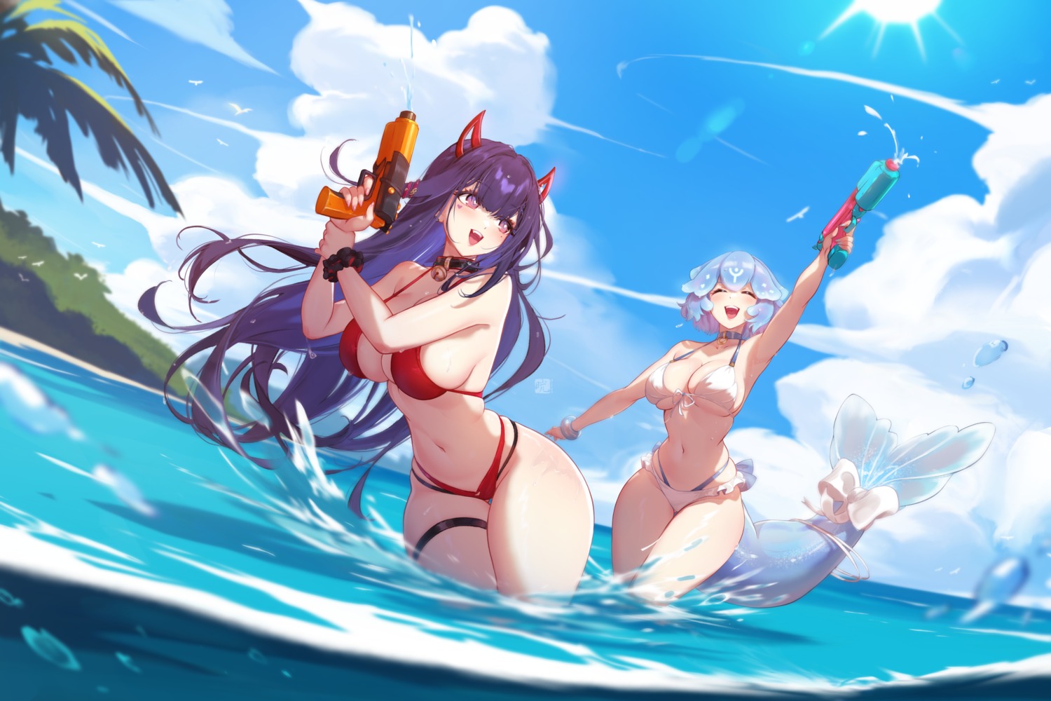 akuma_nihmune bao_(vtuber) bikini garter gun horns indie_virtual_youtuber mitsu_(mitsu_art) swimsuits tail wet