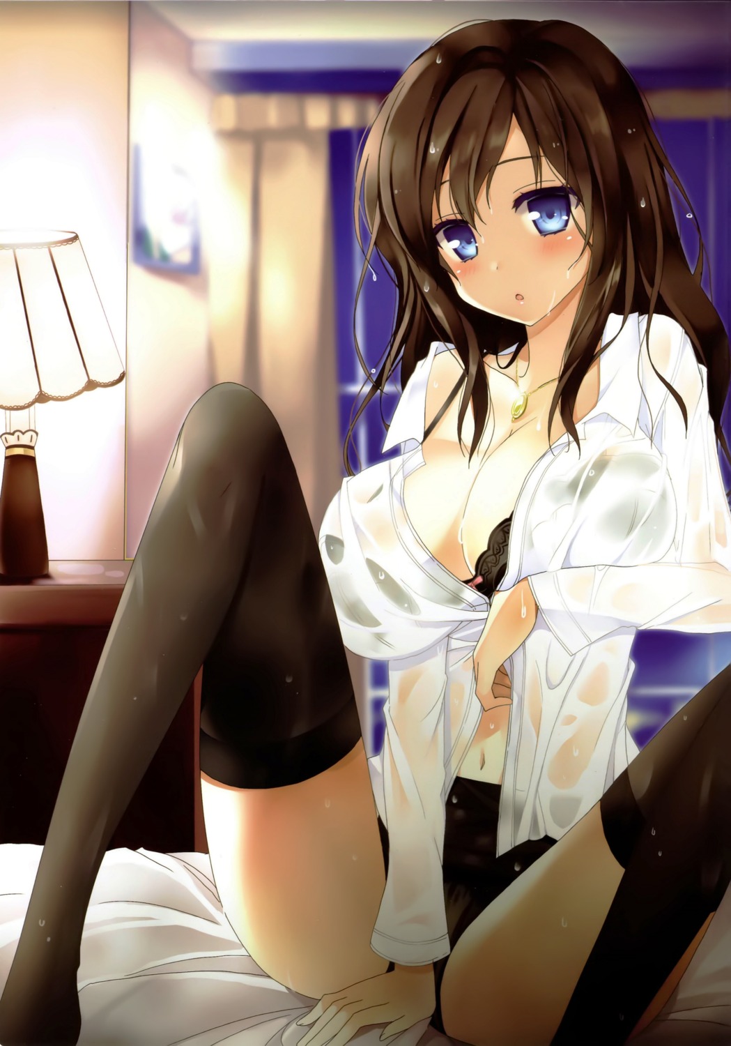 bra breast_hold cleavage dress_shirt kurot open_shirt pantsu see_through thighhighs wet wet_clothes