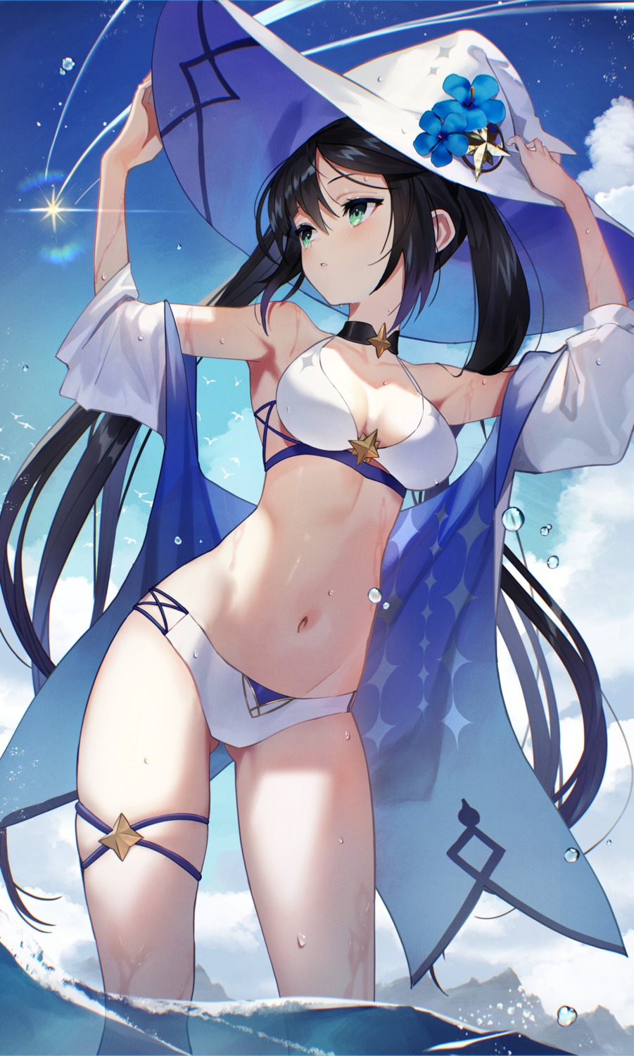 bikini cleavage garter genshin_impact mona_megistus open_shirt scottie swimsuits wet witch