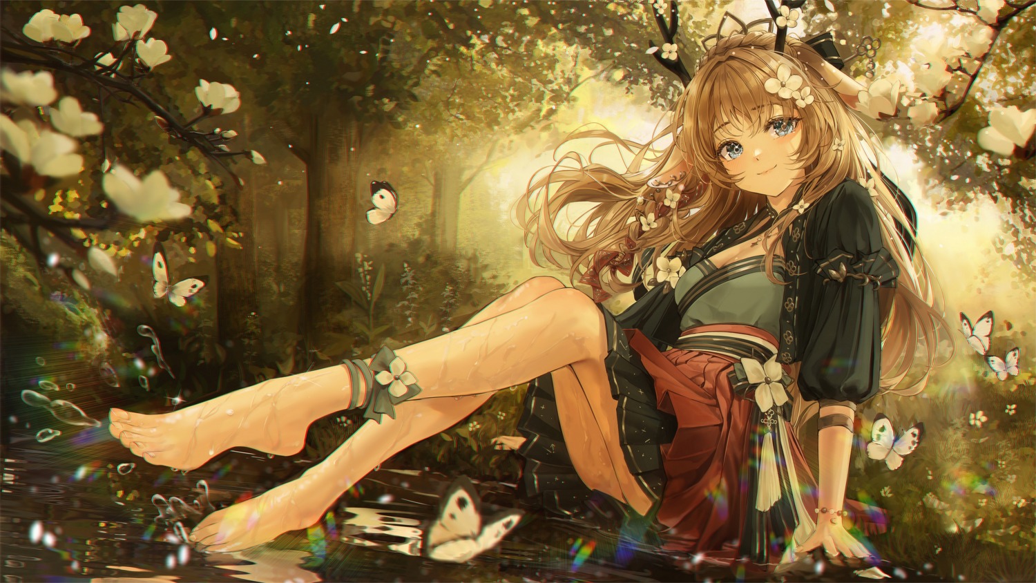 animal_ears bbeedol cleavage feet horns japanese_clothes skirt_lift wet