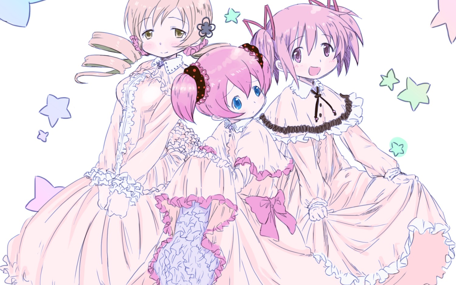 abe_kanari charlotte_(madomagi) dress kaname_madoka mahou_shoujo_madoka_magica tomoe_mami wallpaper