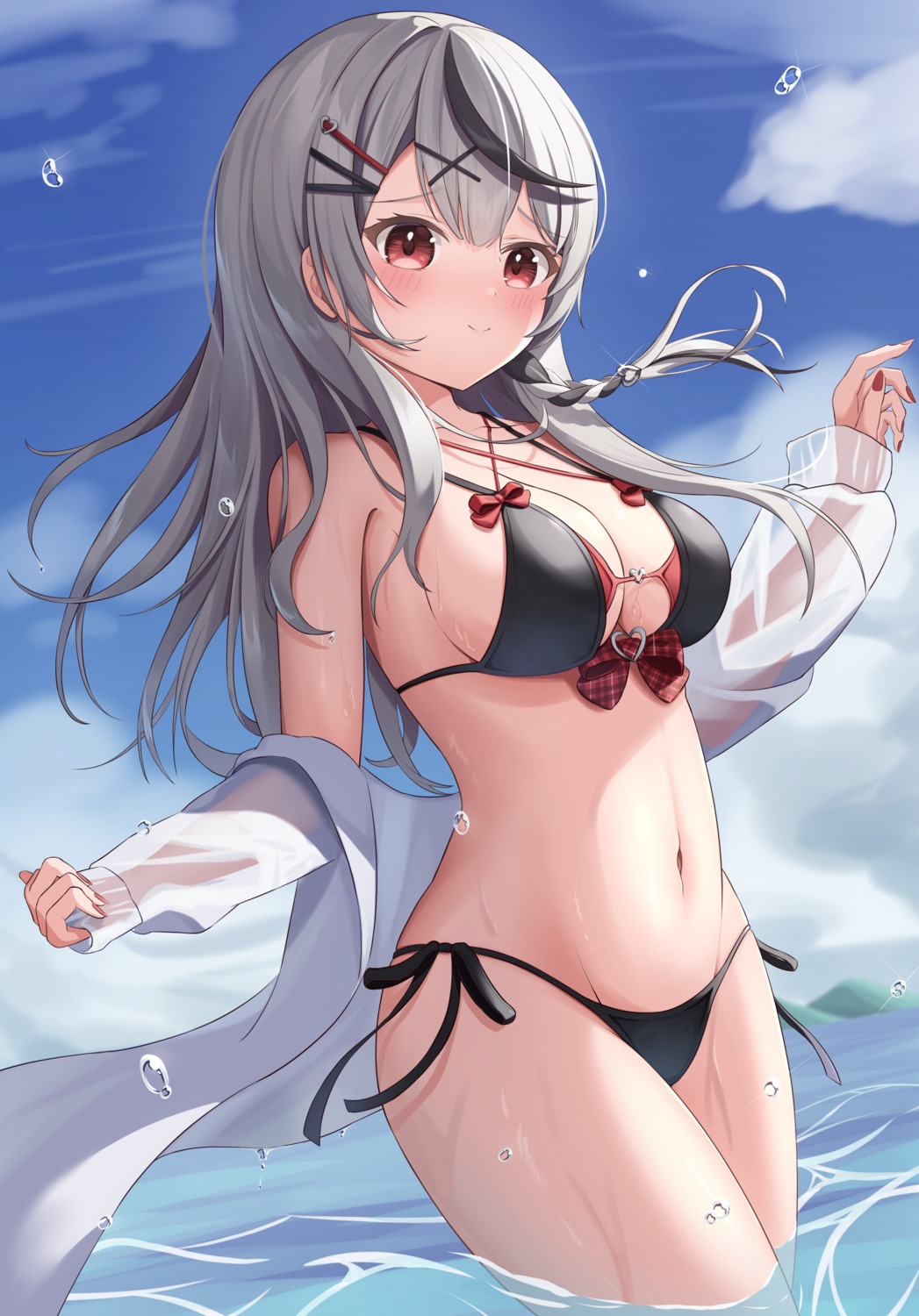 bikini hololive kag_tsukimi open_shirt sakamata_chloe see_through swimsuits wet