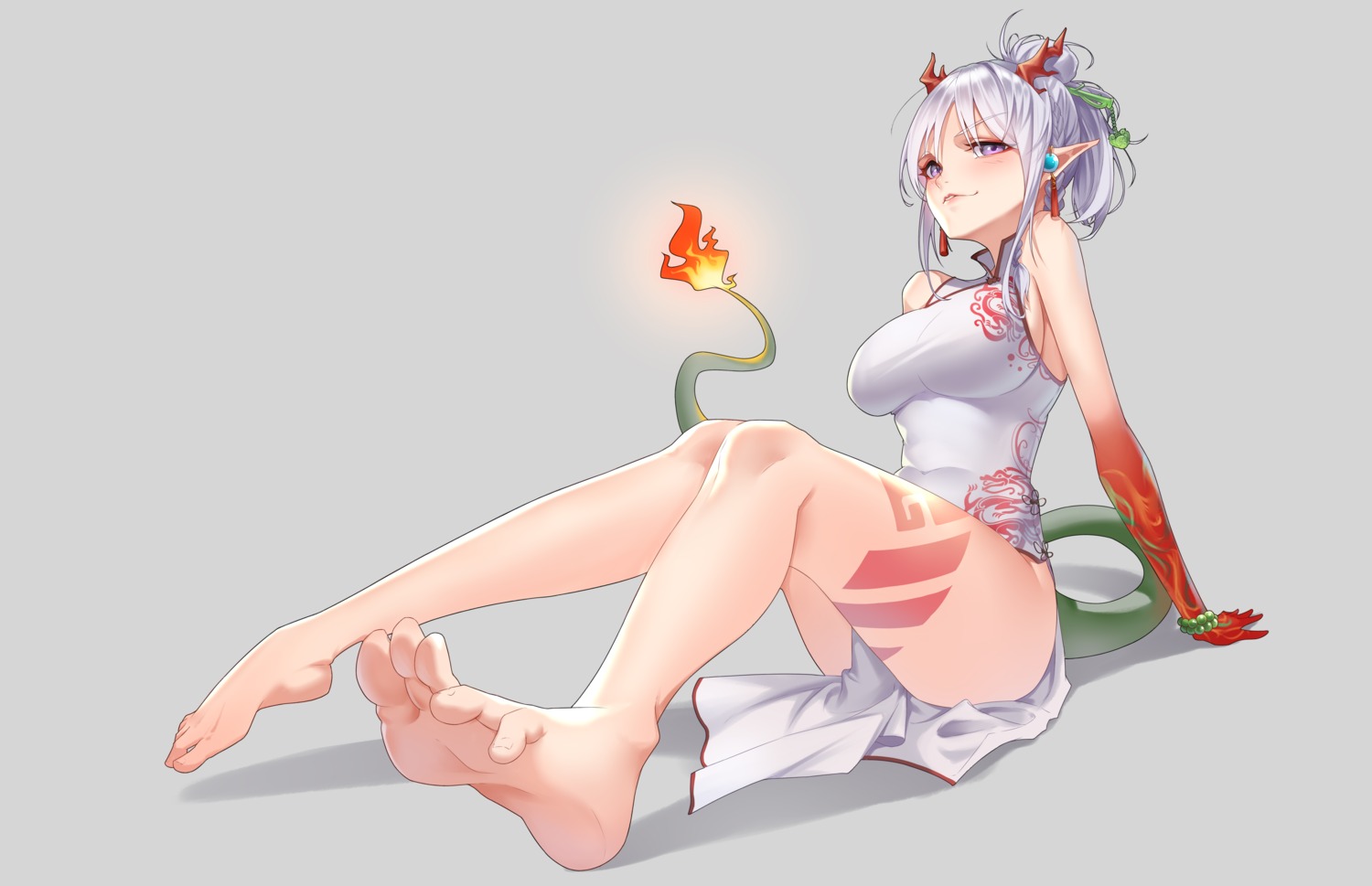 aluo_7762 arknights chinadress feet horns nian_(arknights) pointy_ears skirt_lift tail tattoo