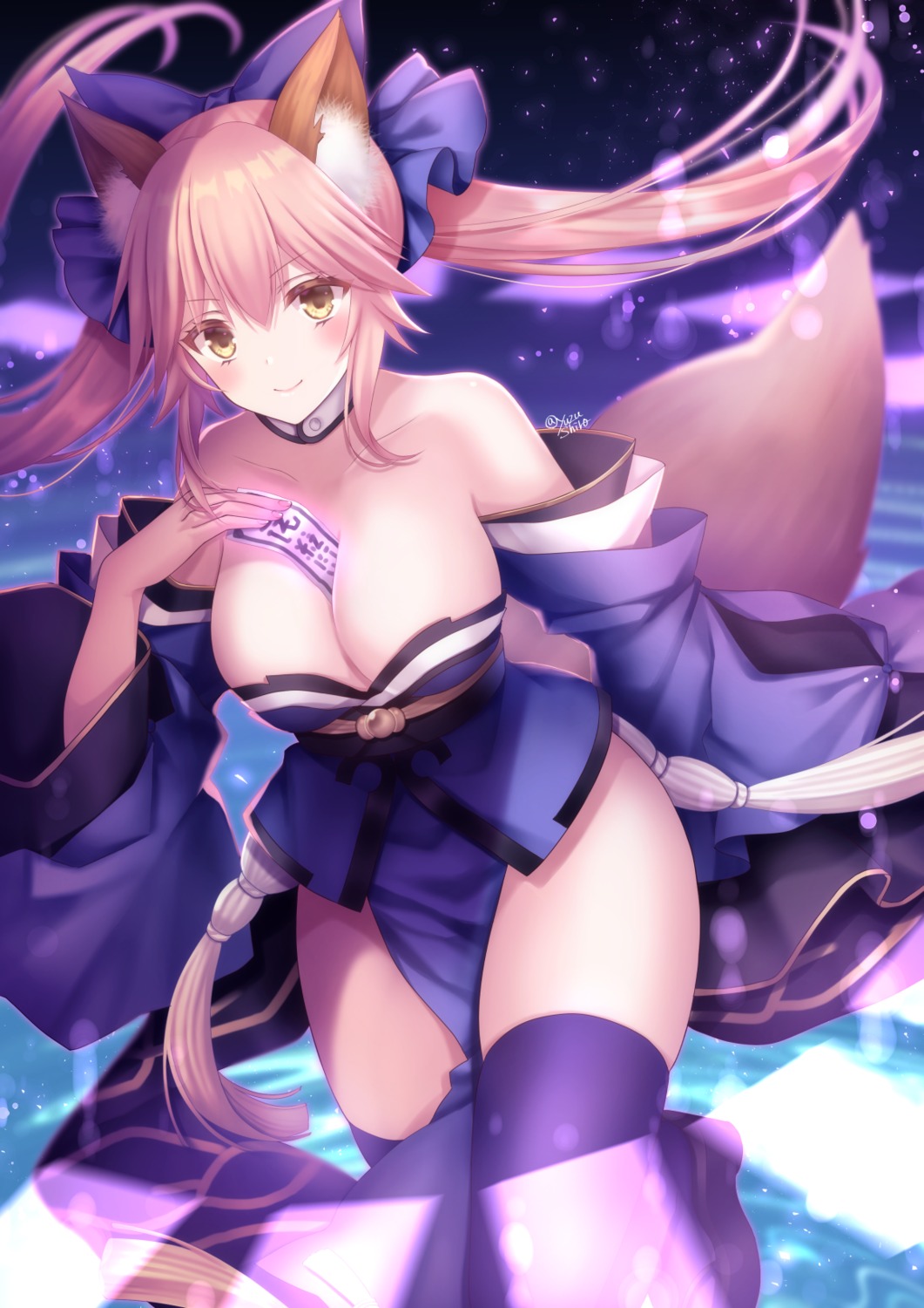 animal_ears fate/grand_order japanese_clothes kitsune no_bra tail tamamo_no_mae thighhighs yuzushiro