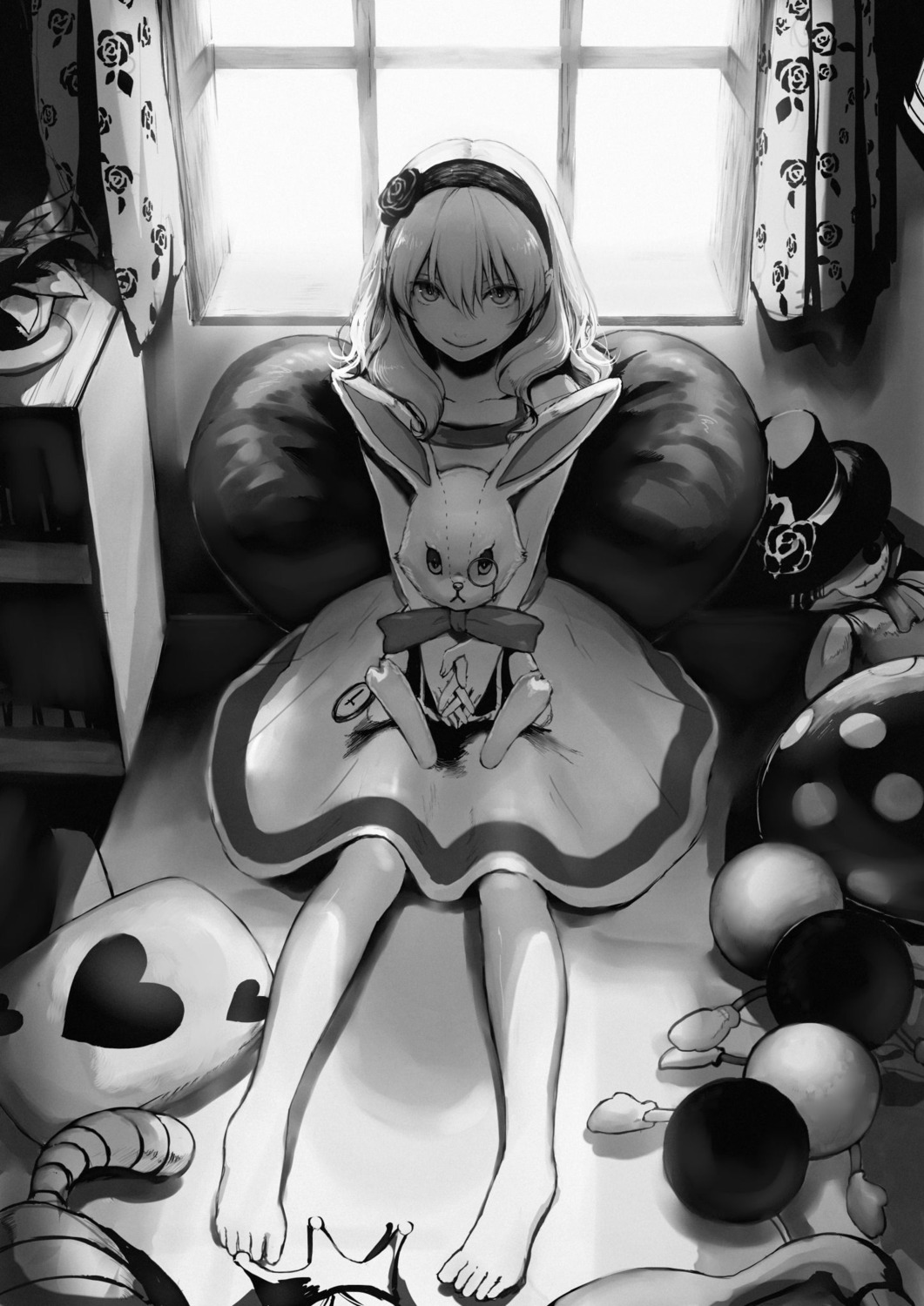 alice alice_in_wonderland dress feet monochrome romiy white_rabbit