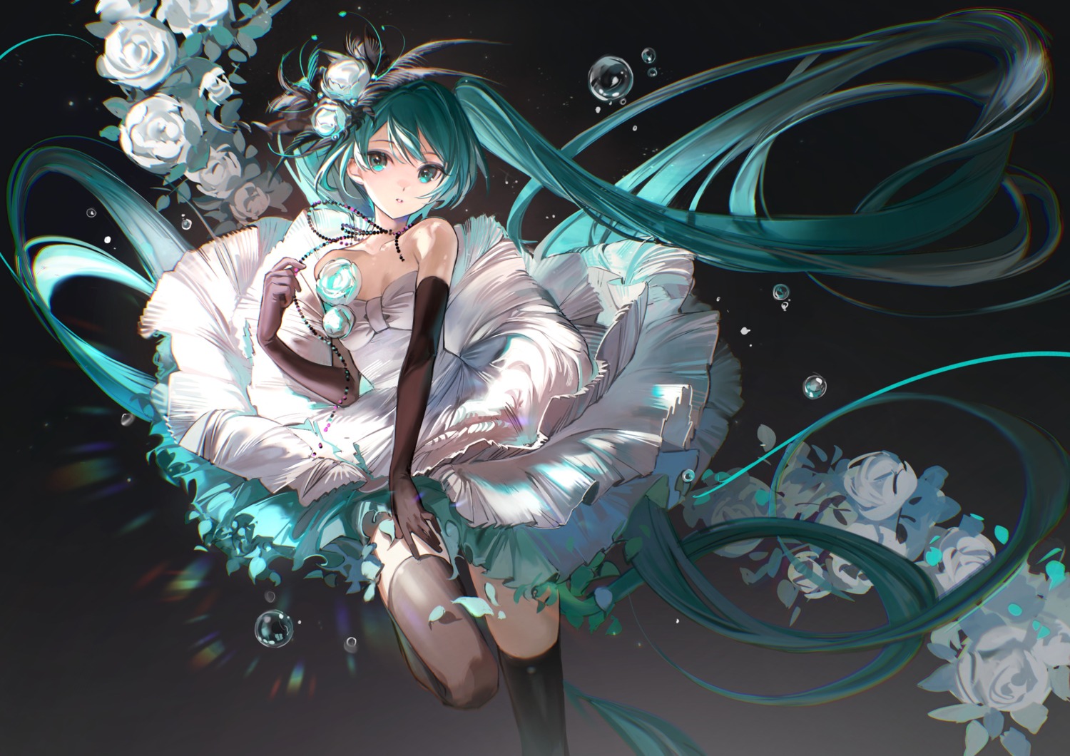 cleavage dress hatsune_miku no_bra rumoon skirt_lift thighhighs vocaloid